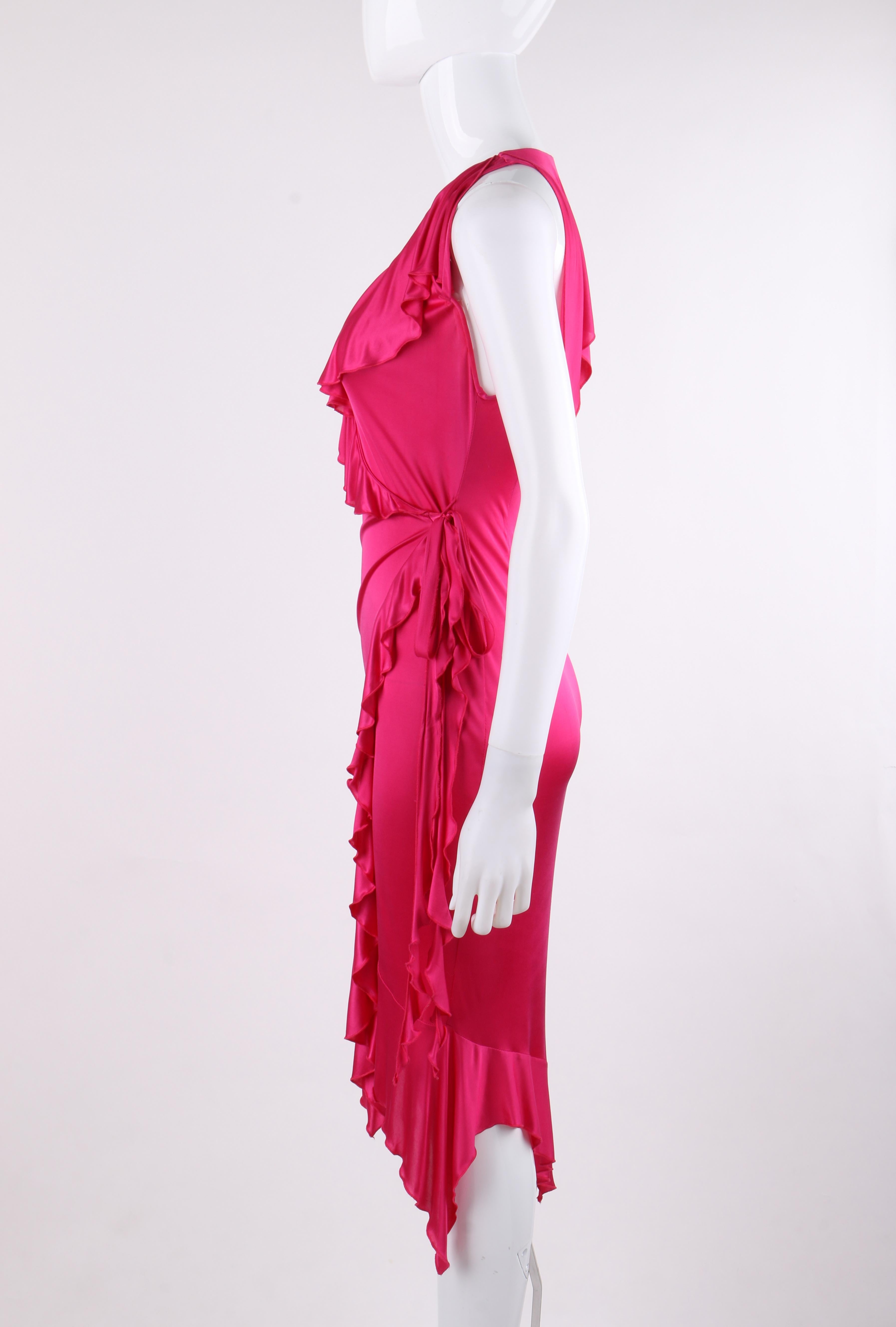 VERSACE S/S 2004 Hot Pink Knit V Neck Ruffle Wrap Dress In Good Condition In Thiensville, WI