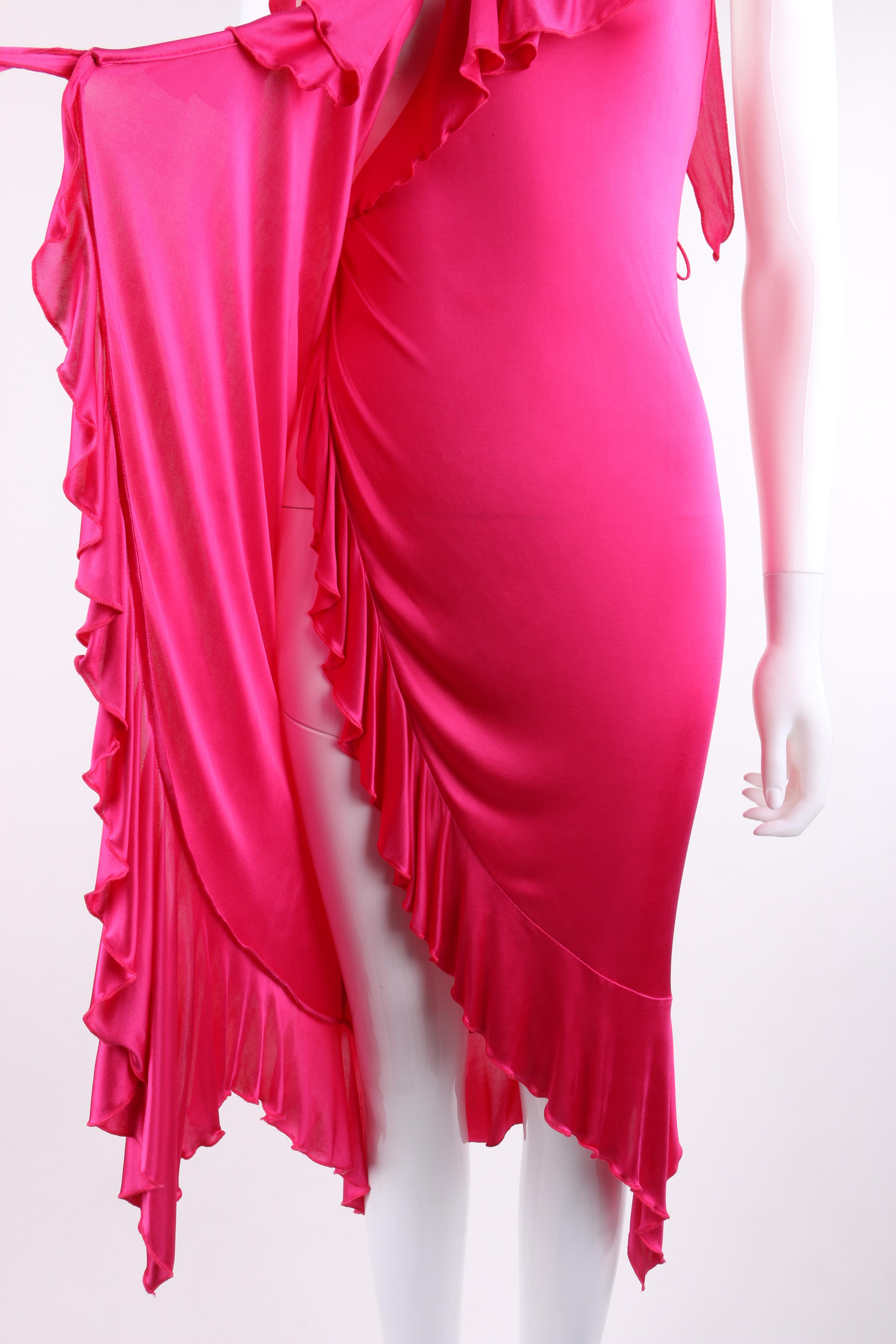 Women's VERSACE S/S 2004 Hot Pink Knit V Neck Ruffle Wrap Dress
