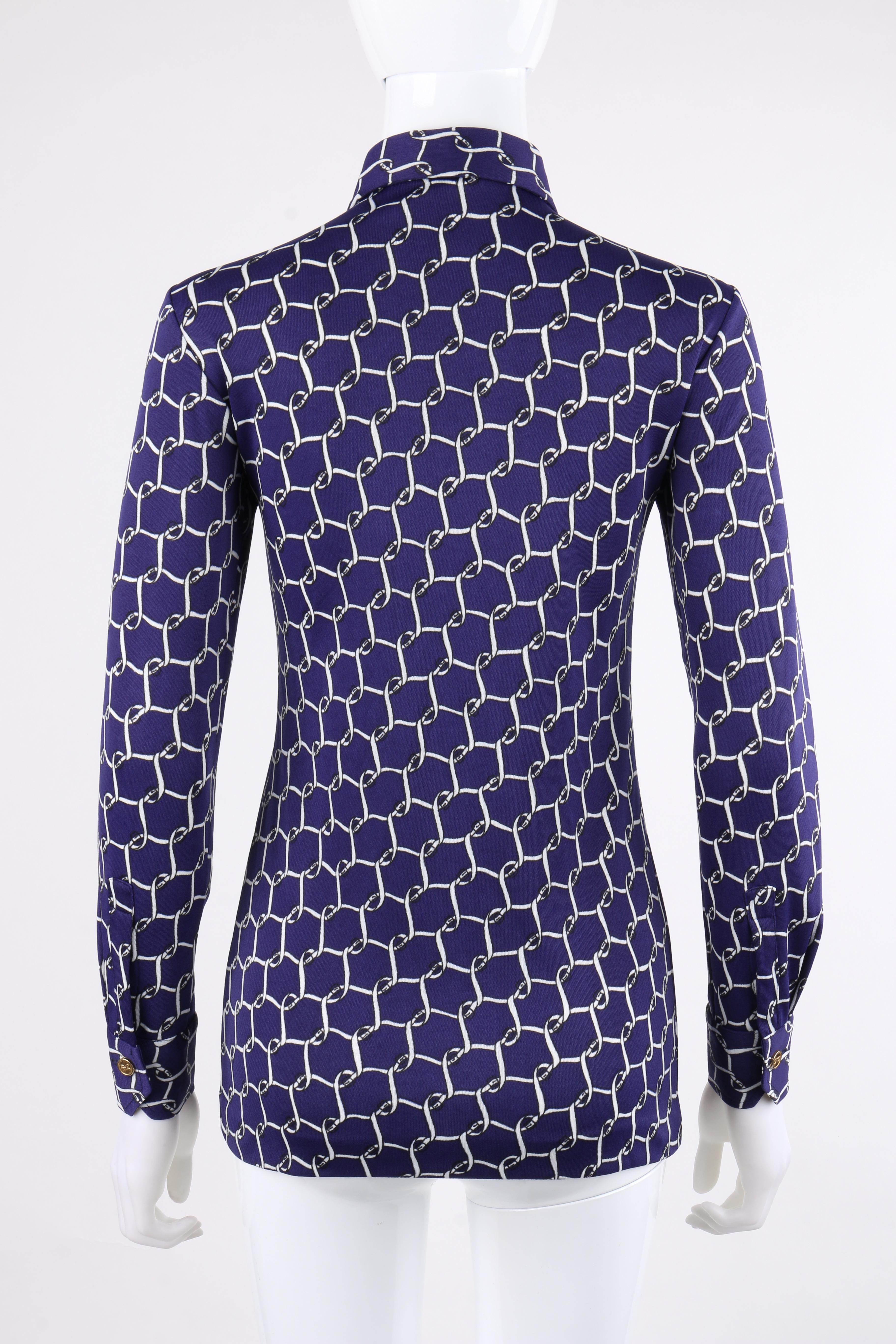 Purple ROBERTA DI CAMERINO c.1979 Navy Blue White Signature Belt Print 1/2 Button Shirt For Sale