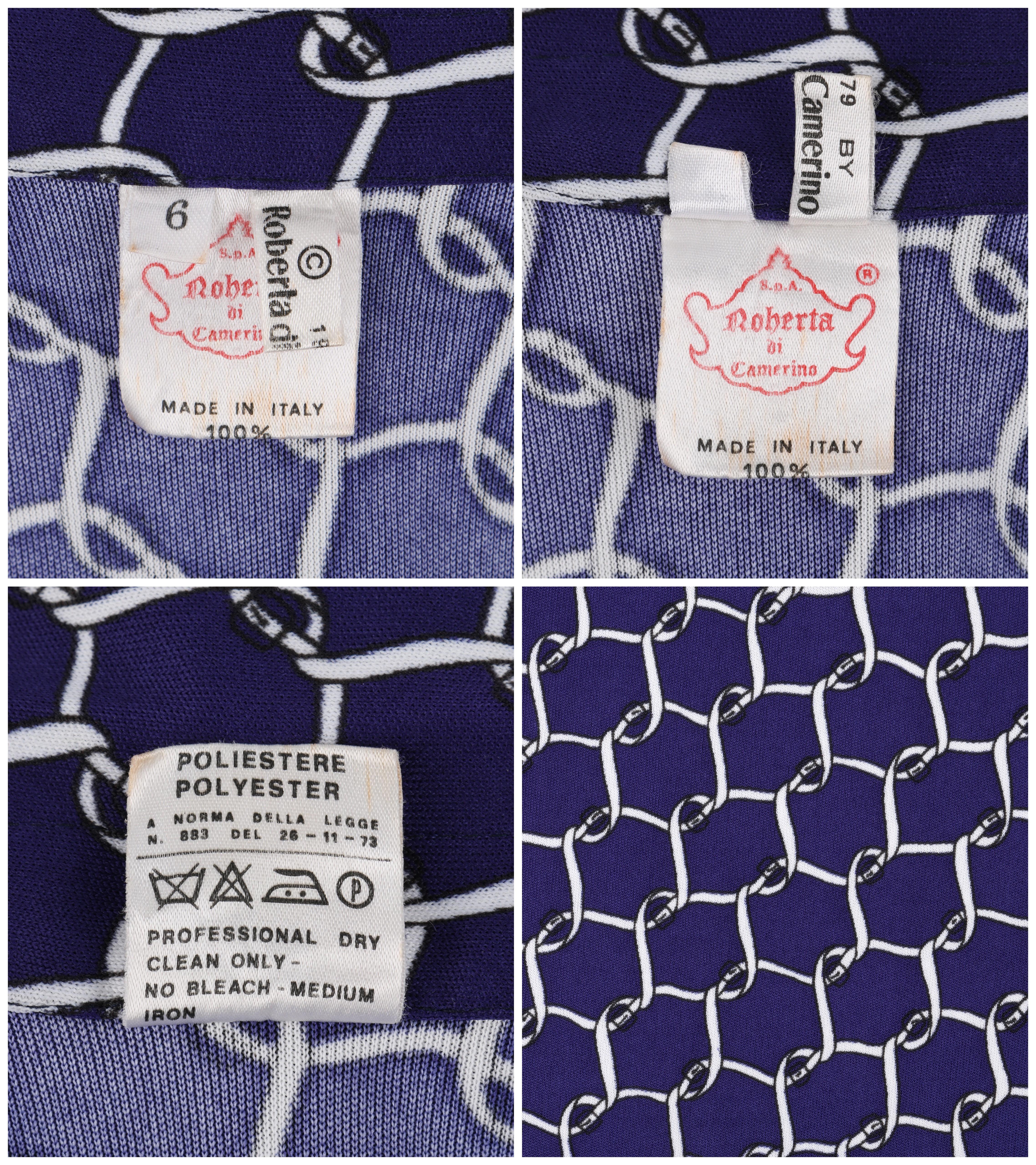 Women's ROBERTA DI CAMERINO c.1979 Navy Blue White Signature Belt Print 1/2 Button Shirt For Sale