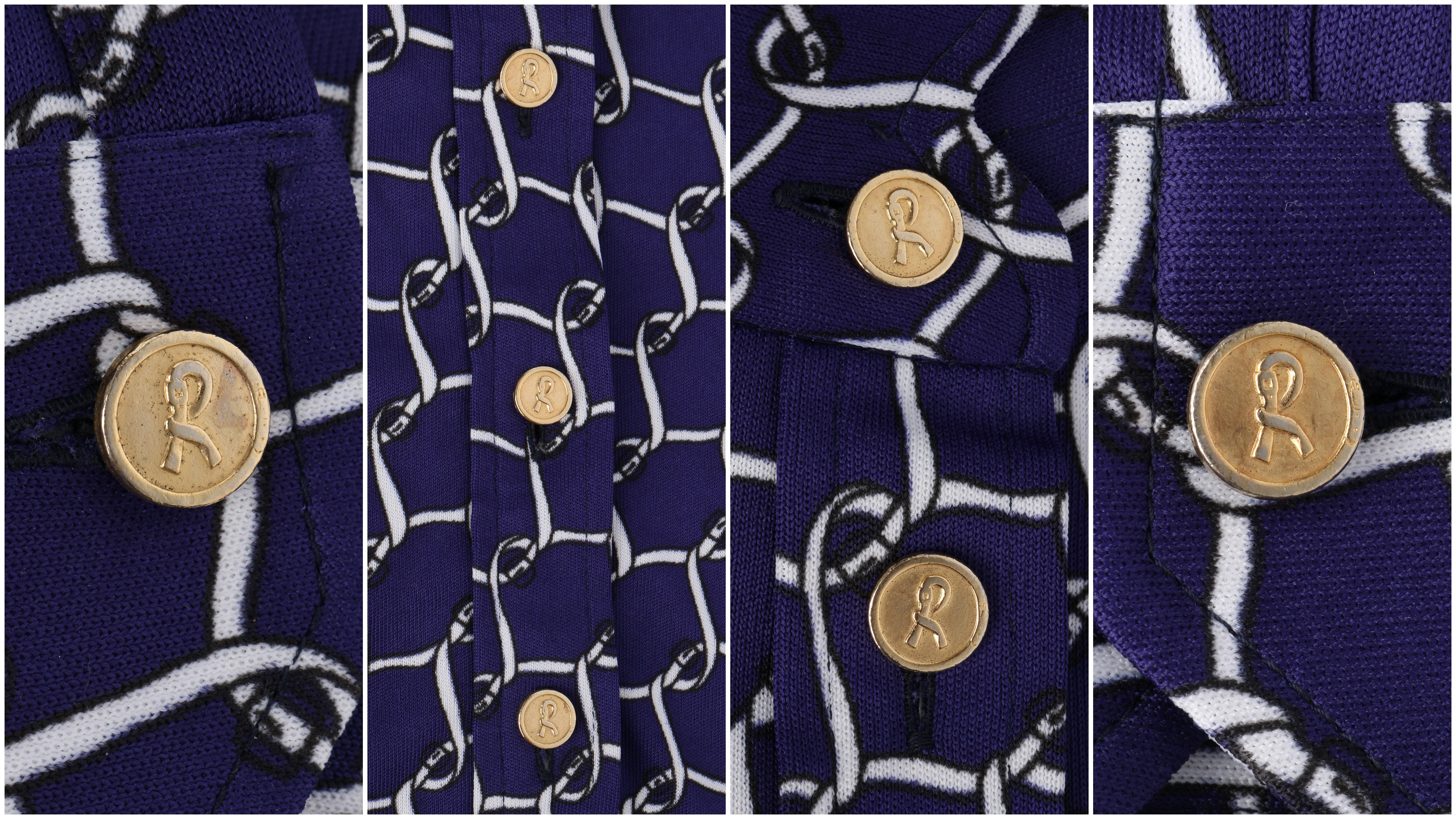 ROBERTA DI CAMERINO c.1979 Navy Blue White Signature Belt Print 1/2 Button Shirt For Sale 1