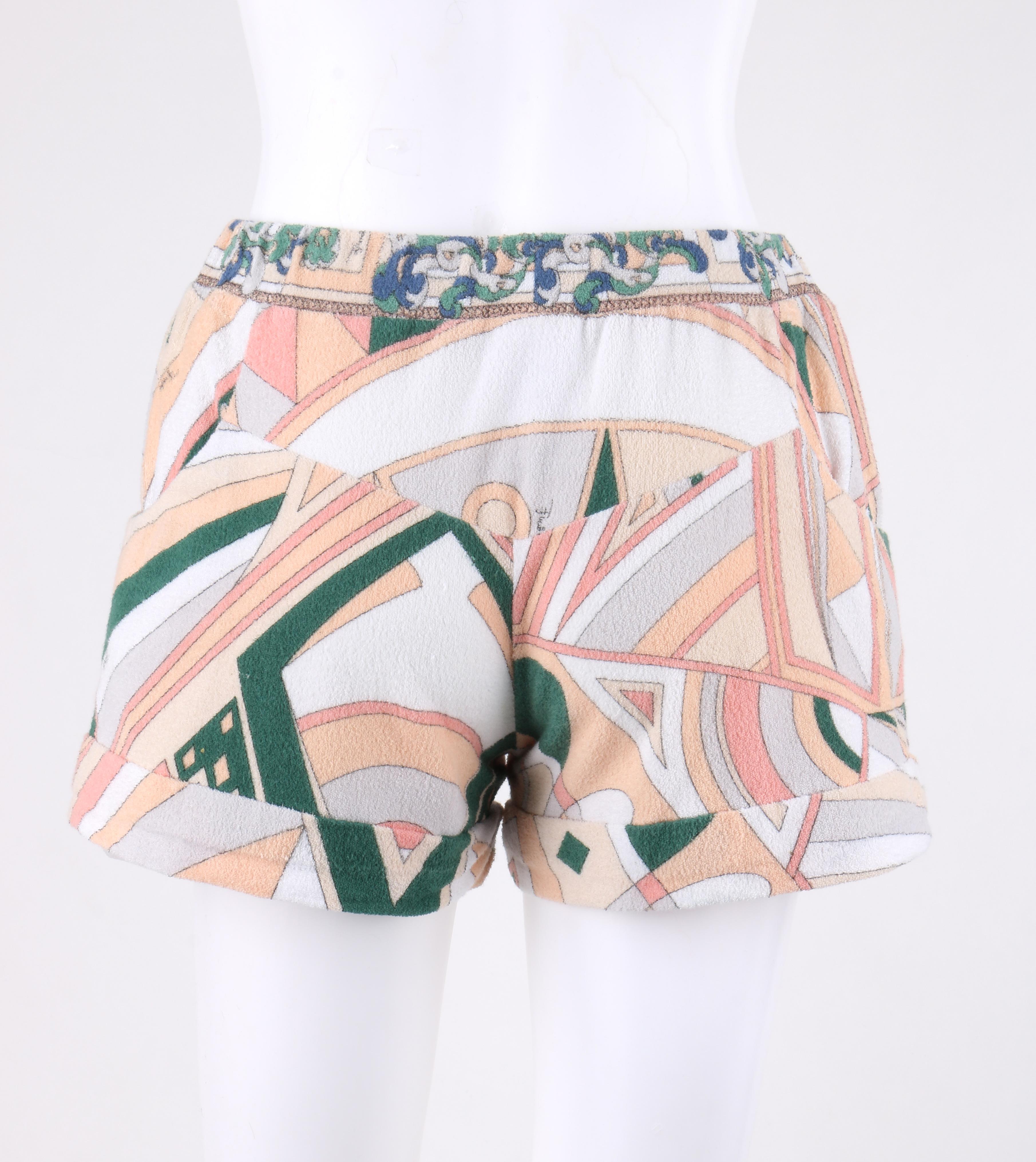 EMILIO PUCCI S/S 2009 Op Art Signature Print Terry Cloth Beach Cover Shorts In Excellent Condition In Thiensville, WI