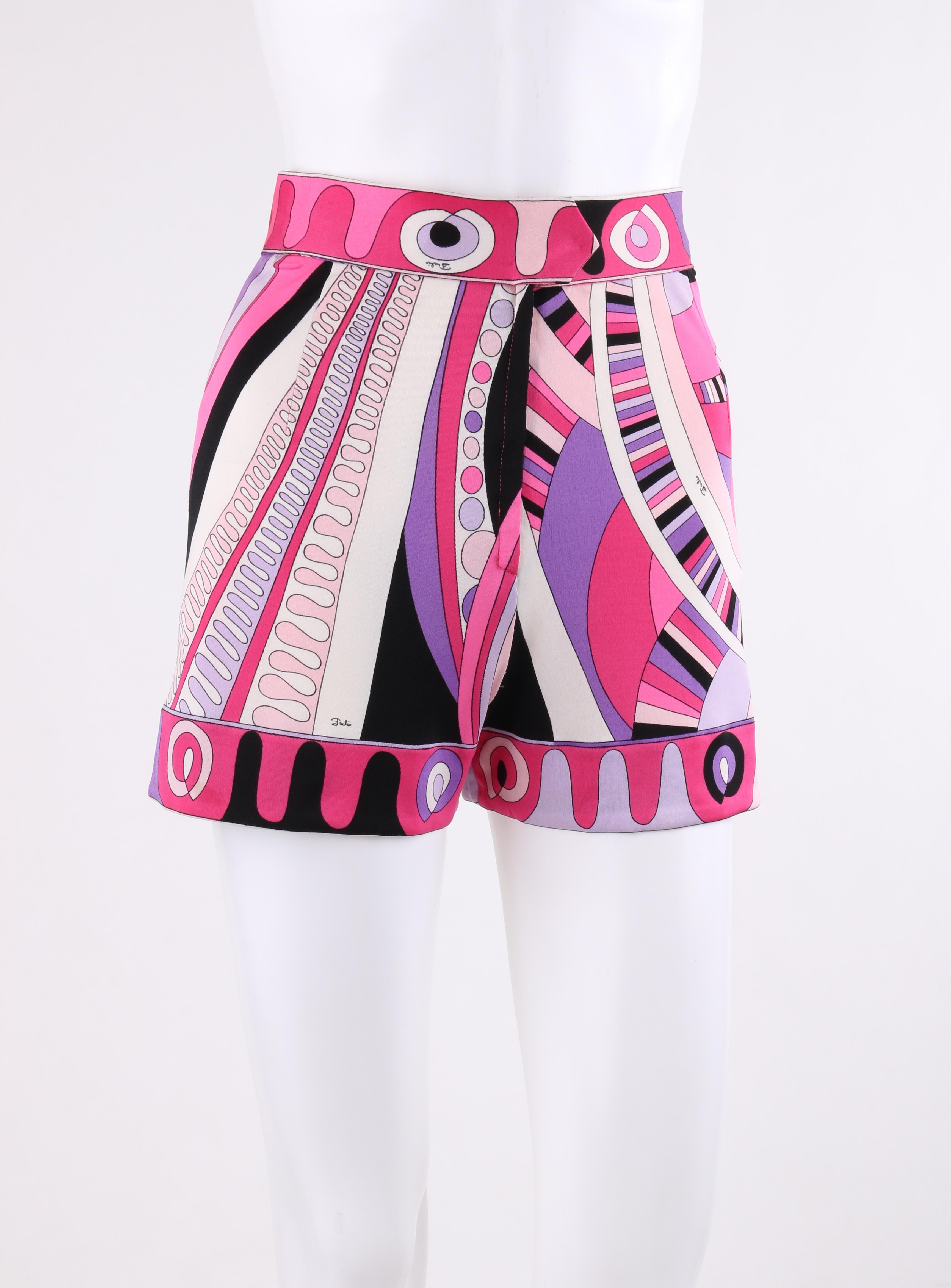 DESCRIPTION: EMILIO PUCCI c.1970's Pink Op Art Signature Print Silk Jersey Knit Shorts
 
Circa: c.1970’s
Label(s): Emilio Pucci
Designer: Emilio Pucci
Style: Shorts
Color(s): Multi in shades of pink, purple, black, and white. 
Lined: No
Marked