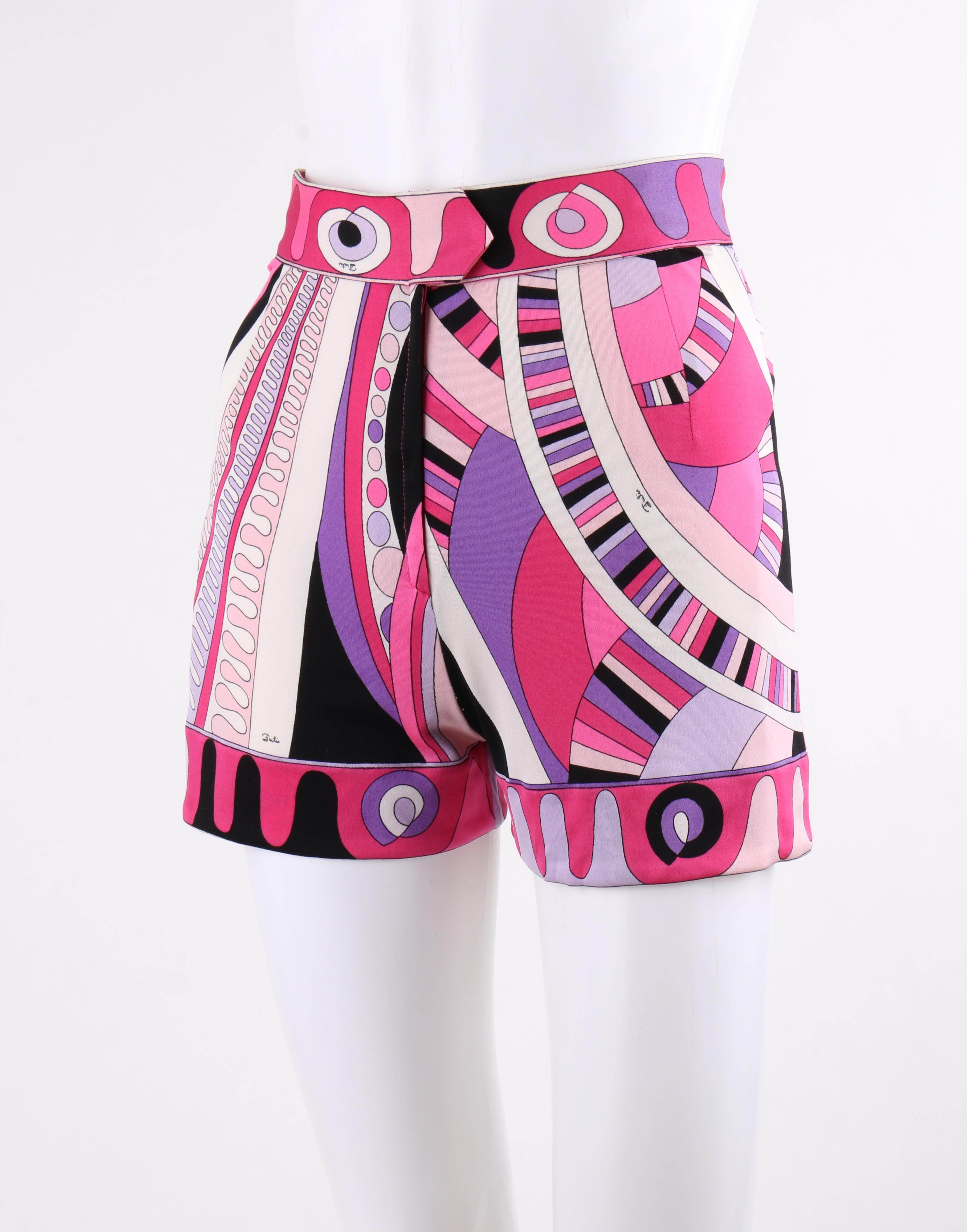 EMILIO PUCCI c.1970's Pink Op Art Signature Print Silk Jersey Knit Shorts 2
