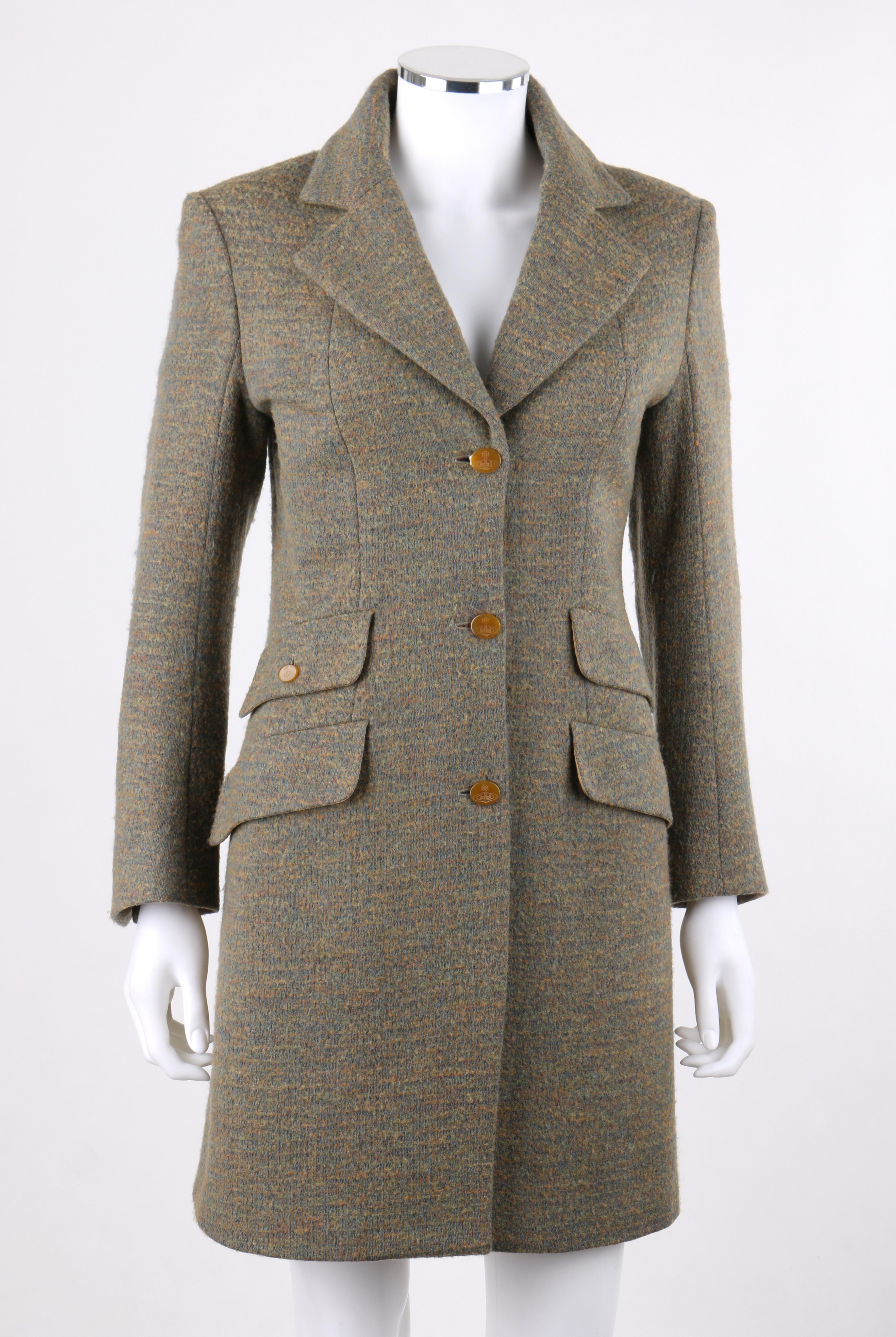 DESCRIPTION: VIVIENNE WESTWOOD Red Label S/S 1999 Tweed Wool Tailored Princess Coat Jacket
 
Circa: Spring / Summer 1999
Label(s): Vivienne Westwood Red Label 
Style: Tailored princess coat
Color(s): Multi in shades of blue, yellow, tan brown, and