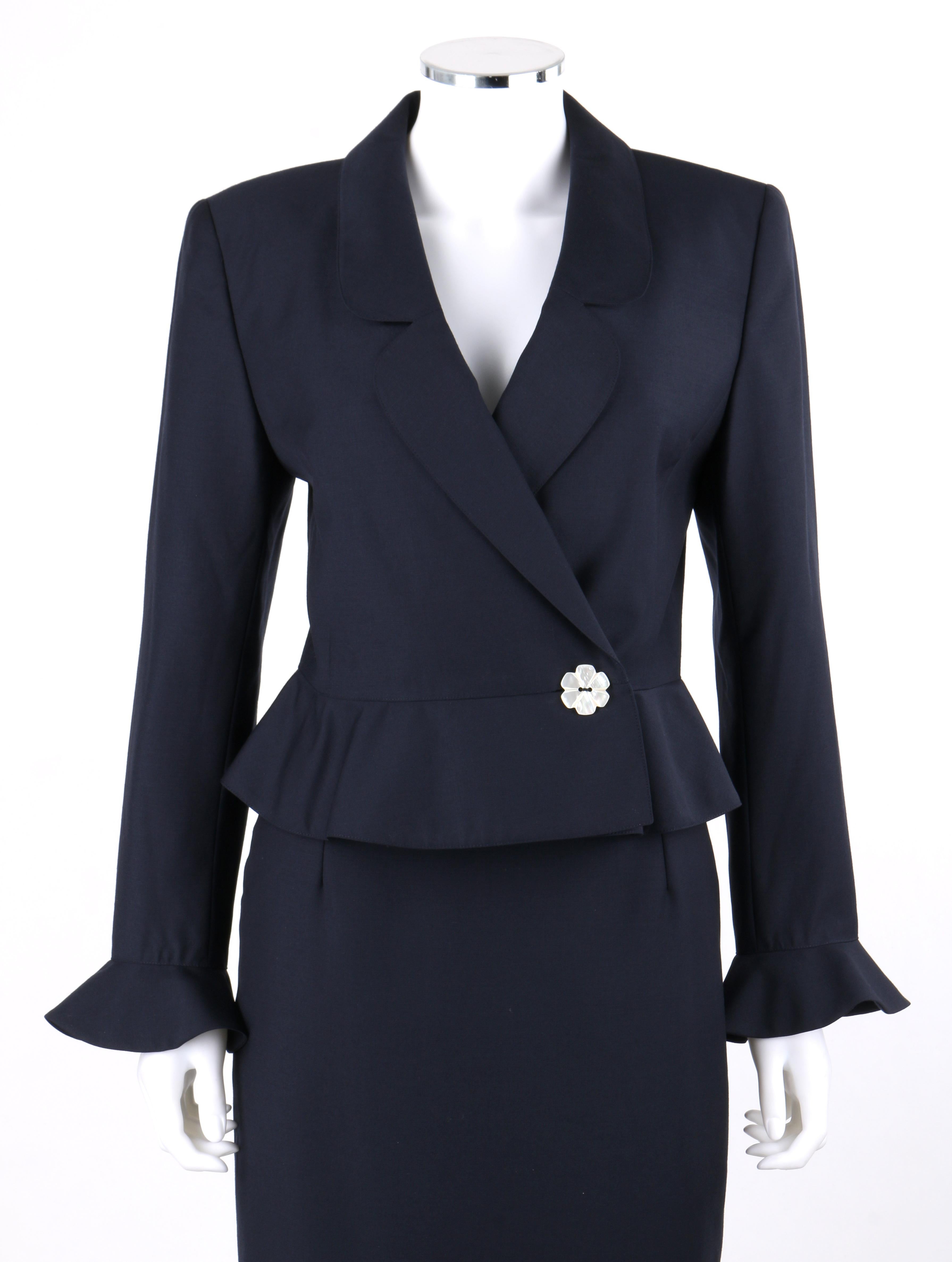 DESCRIPTION: VALENTINO Miss V c.1990's 2 Pc Navy Blue Peplum Blazer Jacket Skirt Suit Set 
 
Circa: c.1990’s
Label(s): Valentino Miss V
Designer: Valentino Garavani
Style: Skirt suit
Color(s): Navy blue
Lined: Yes
Marked Fabric Content: Cloth: 100%