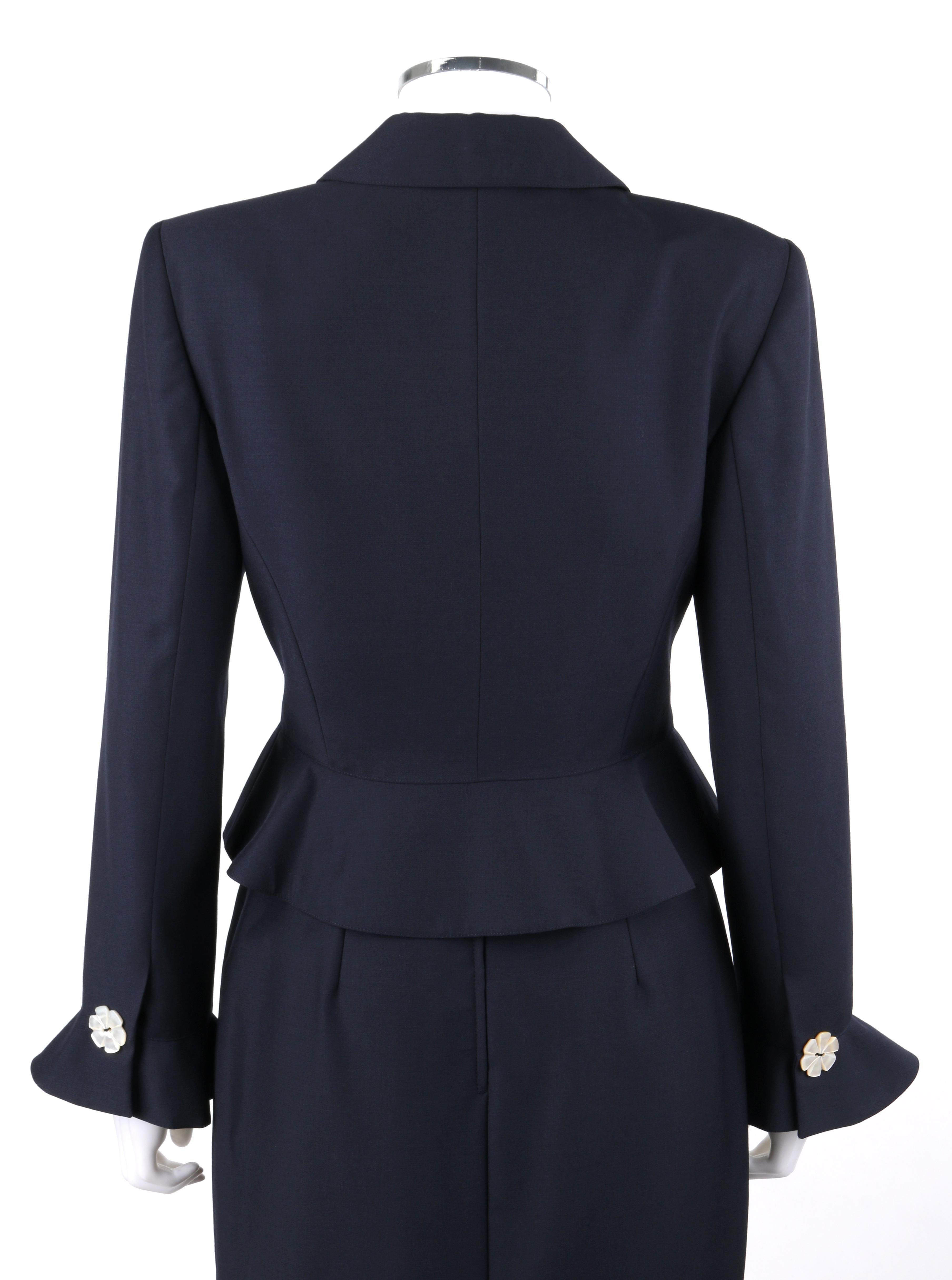Black VALENTINO Miss V c.1990's 2 Pc Navy Blue Peplum Blazer Jacket Skirt Suit Set 