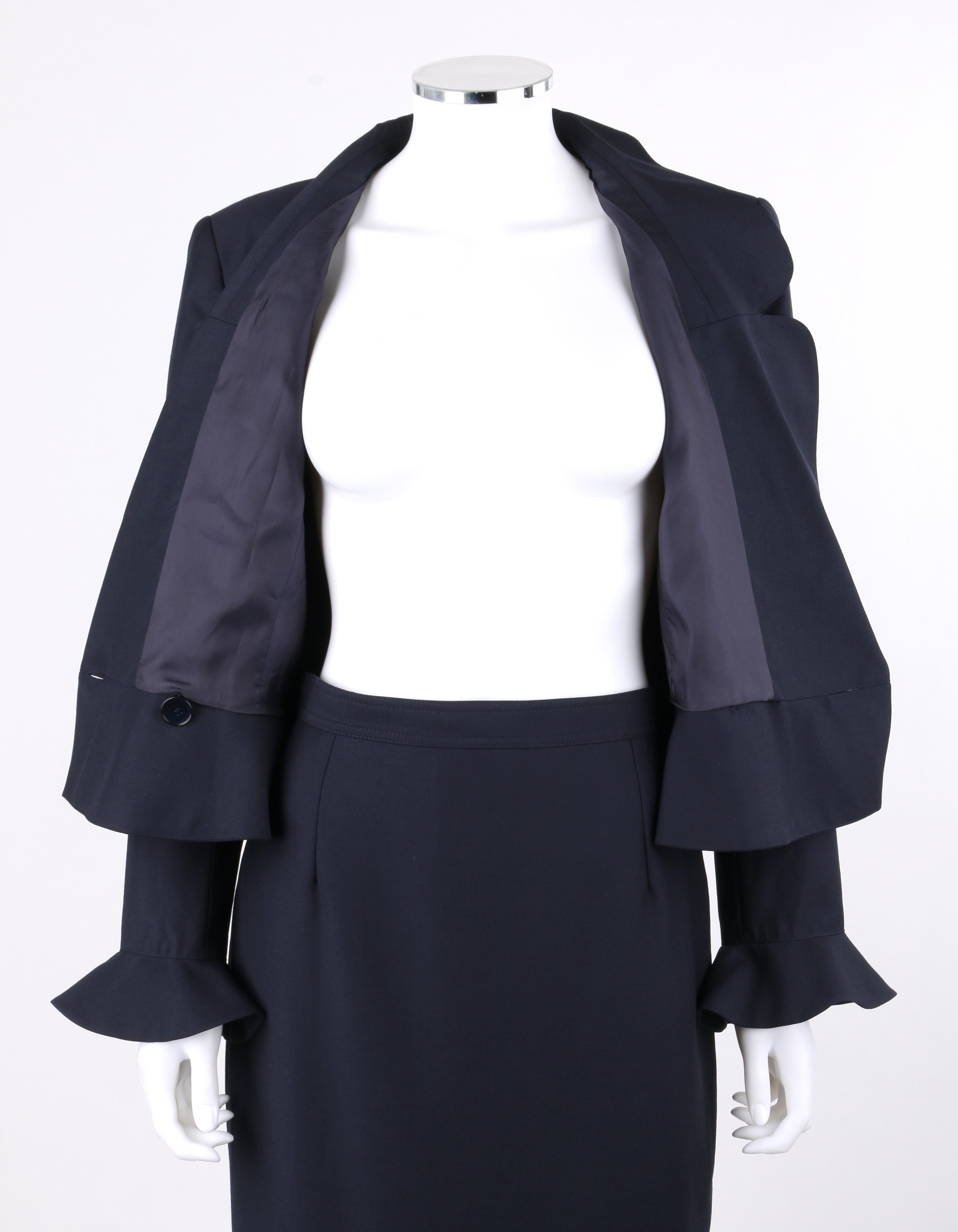 VALENTINO Miss V c.1990's 2 Pc Navy Blue Peplum Blazer Jacket Skirt Suit Set  2
