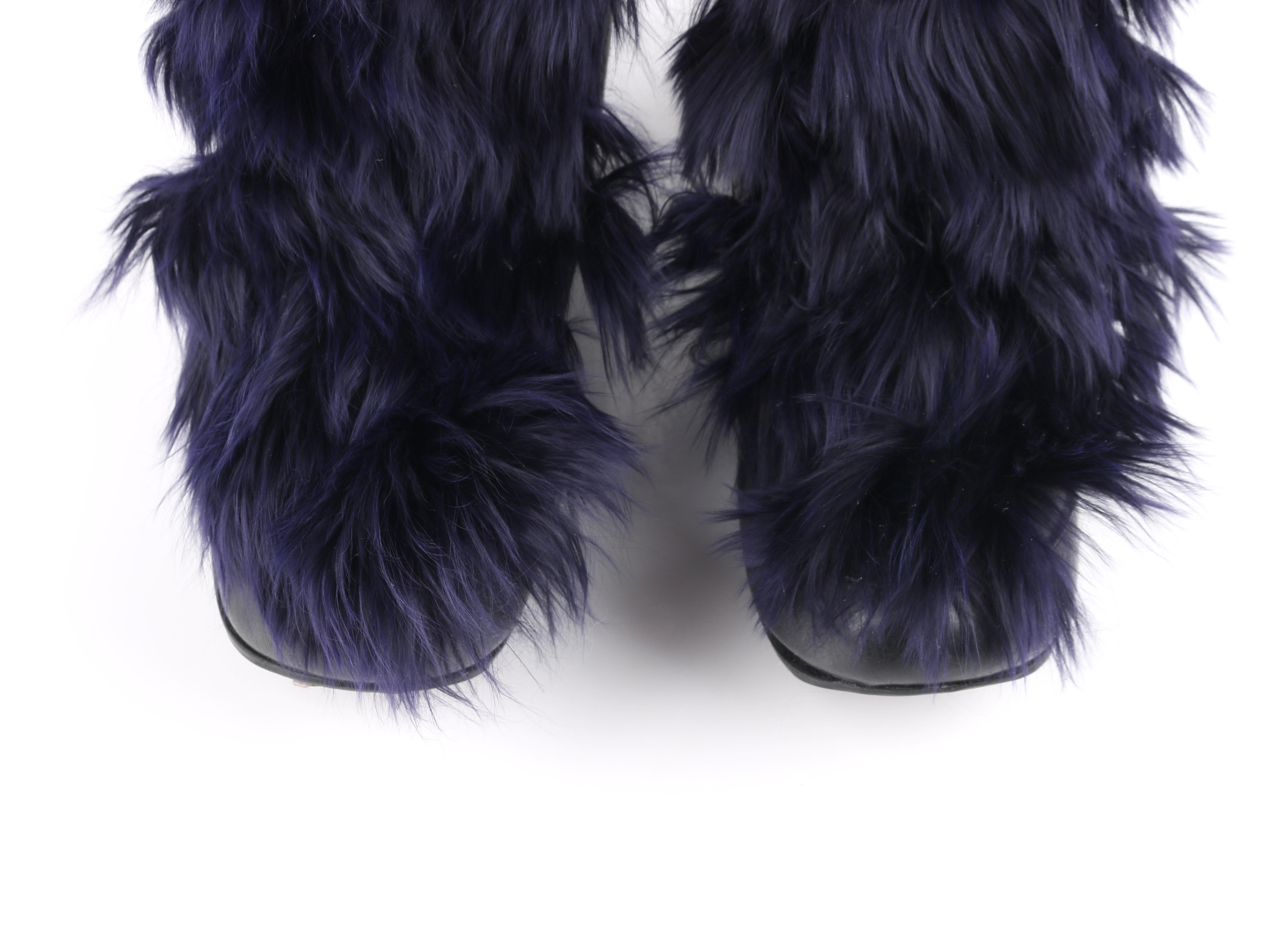 MARNI Black Leather & Navy Blue Angora Fur Lace Up Knee-High Apres Boots 3