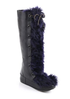 MARNI Black Leather & Navy Blue Angora Fur Lace Up Knee-High Apres Boots