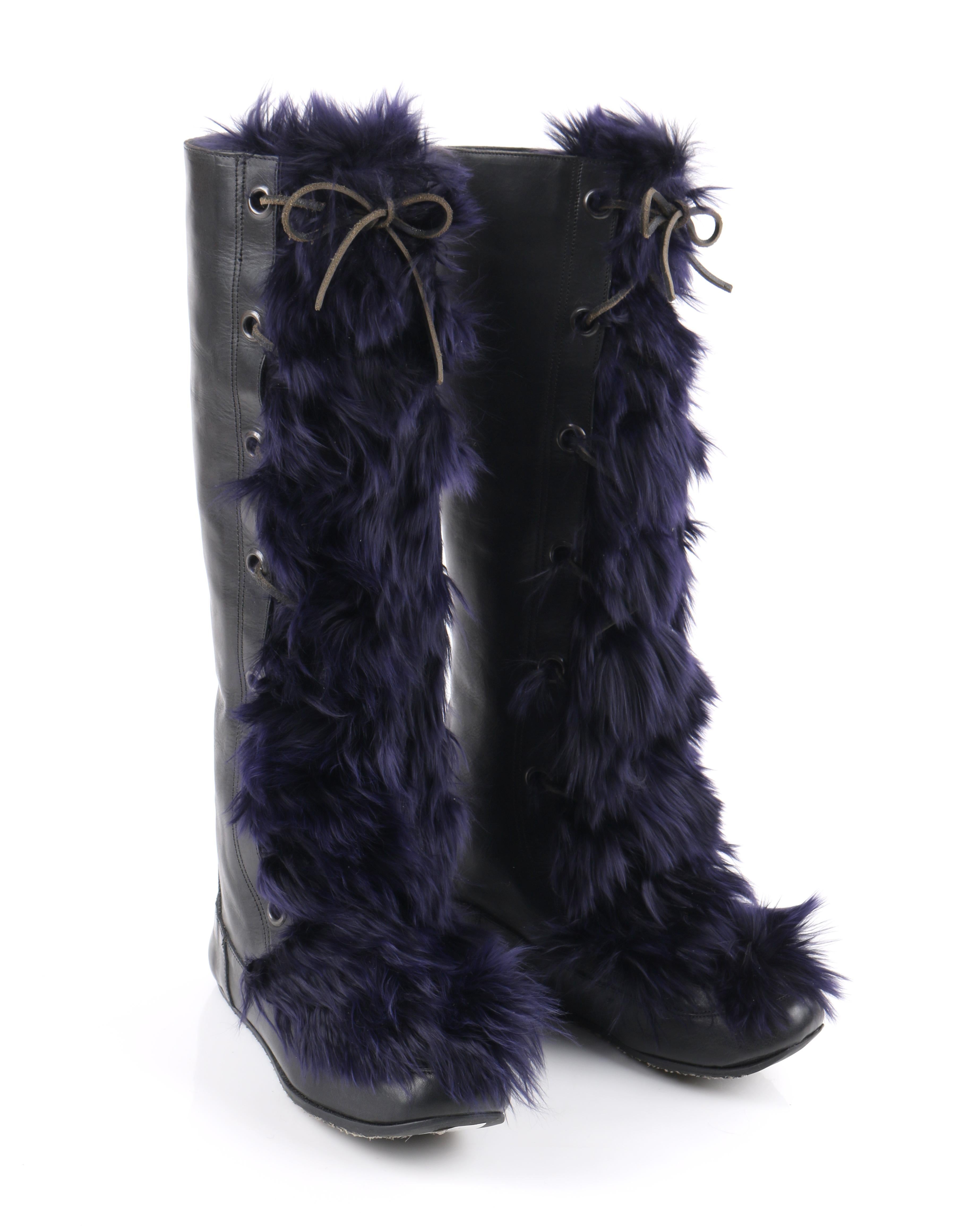 MARNI Black Leather & Navy Blue Angora Fur Lace Up Knee-High Apres Boots In Good Condition In Thiensville, WI