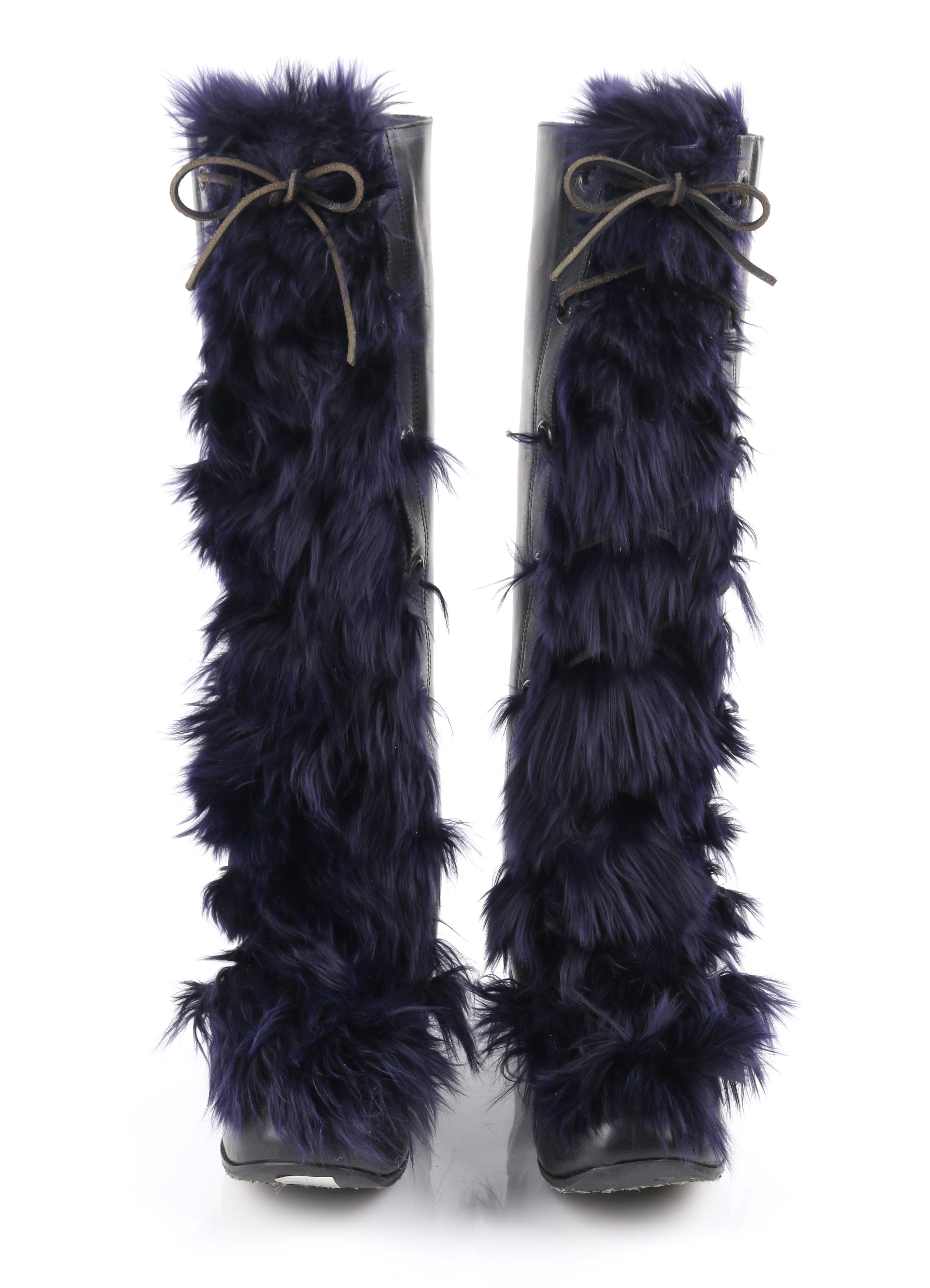 Women's MARNI Black Leather & Navy Blue Angora Fur Lace Up Knee-High Apres Boots