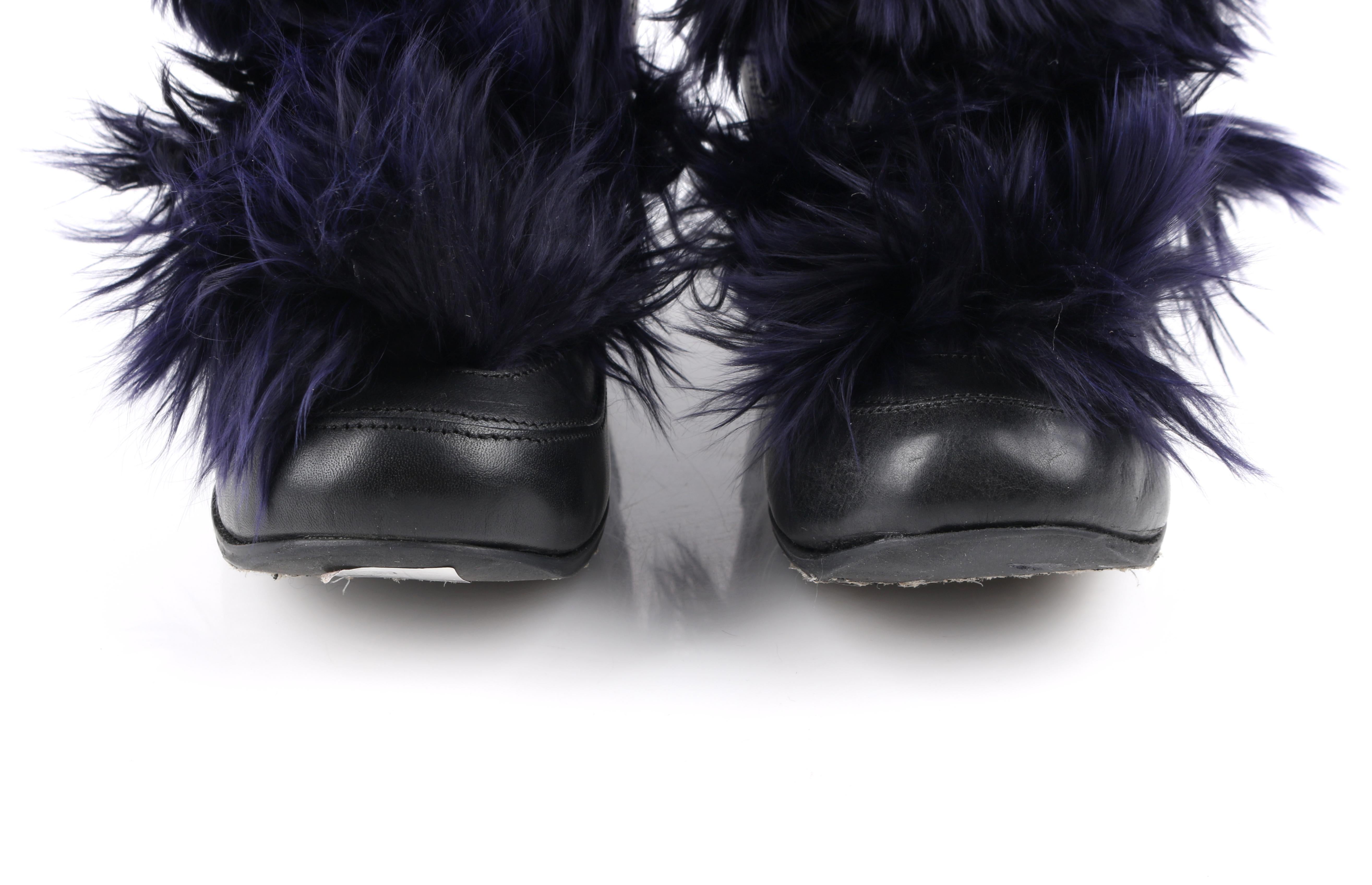 MARNI Black Leather & Navy Blue Angora Fur Lace Up Knee-High Apres Boots 4