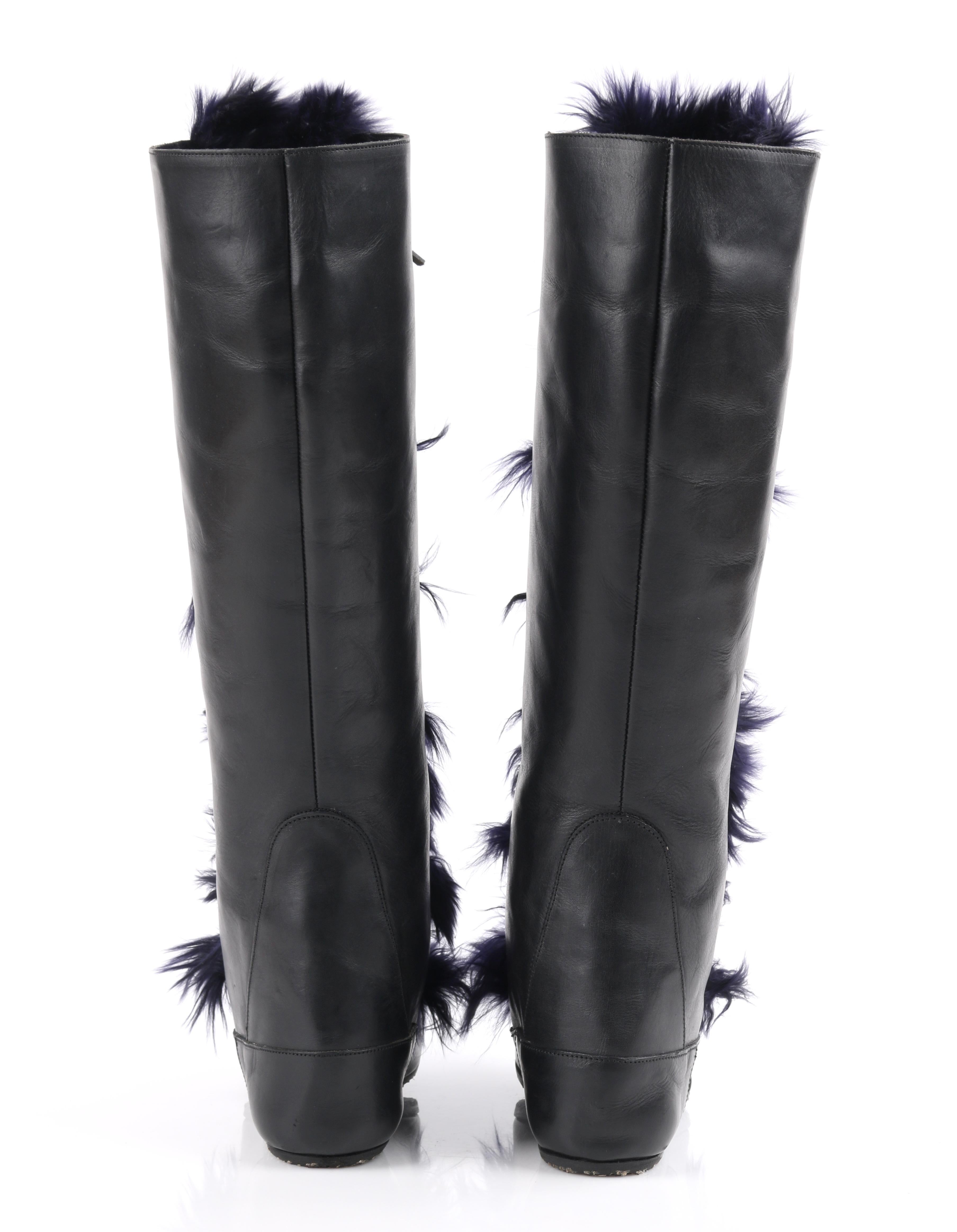 MARNI Black Leather & Navy Blue Angora Fur Lace Up Knee-High Apres Boots 1