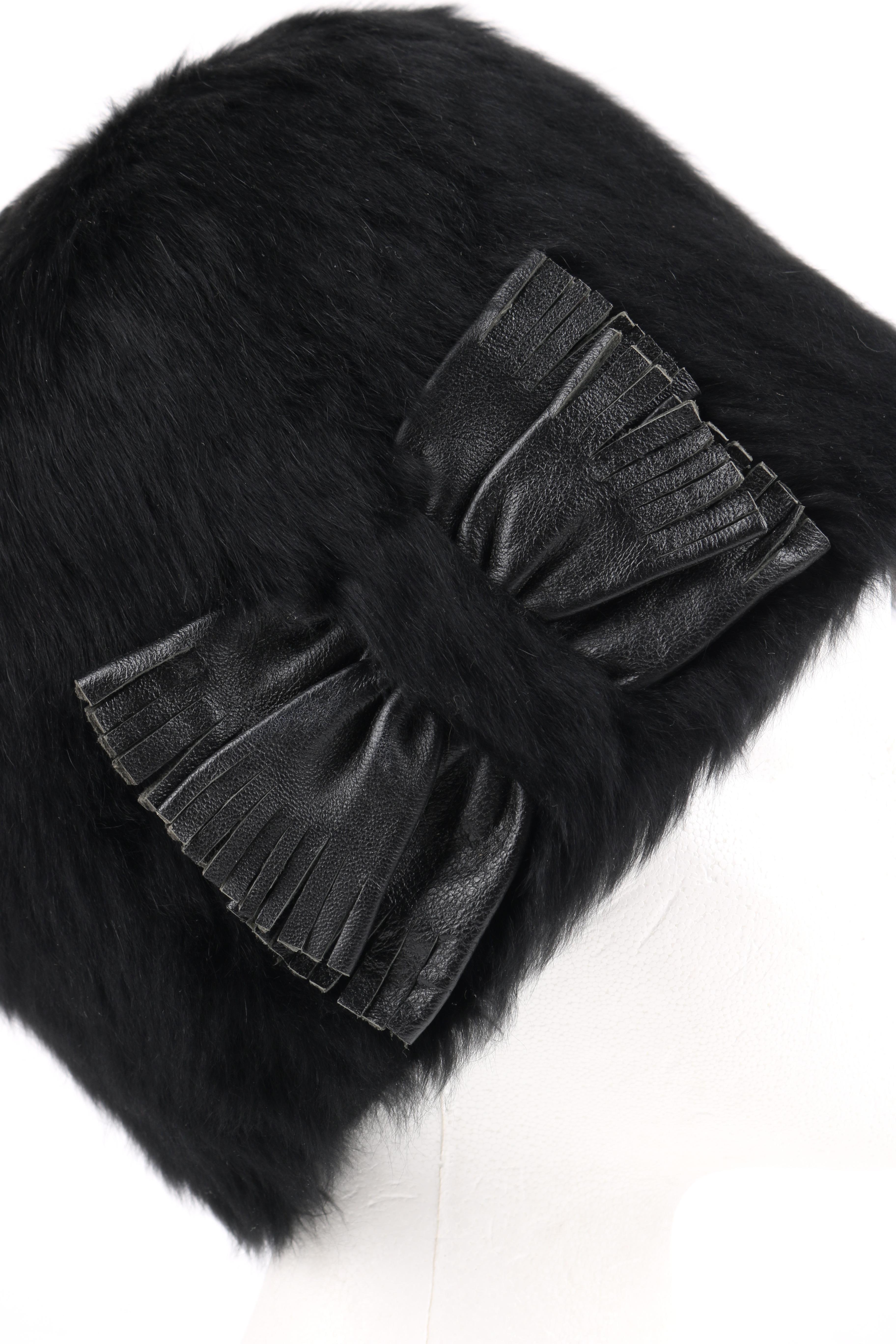 YVES SAINT LAURENT c.1960's YSL Black Angora Fur Leather Bow Cossack Hat Damen