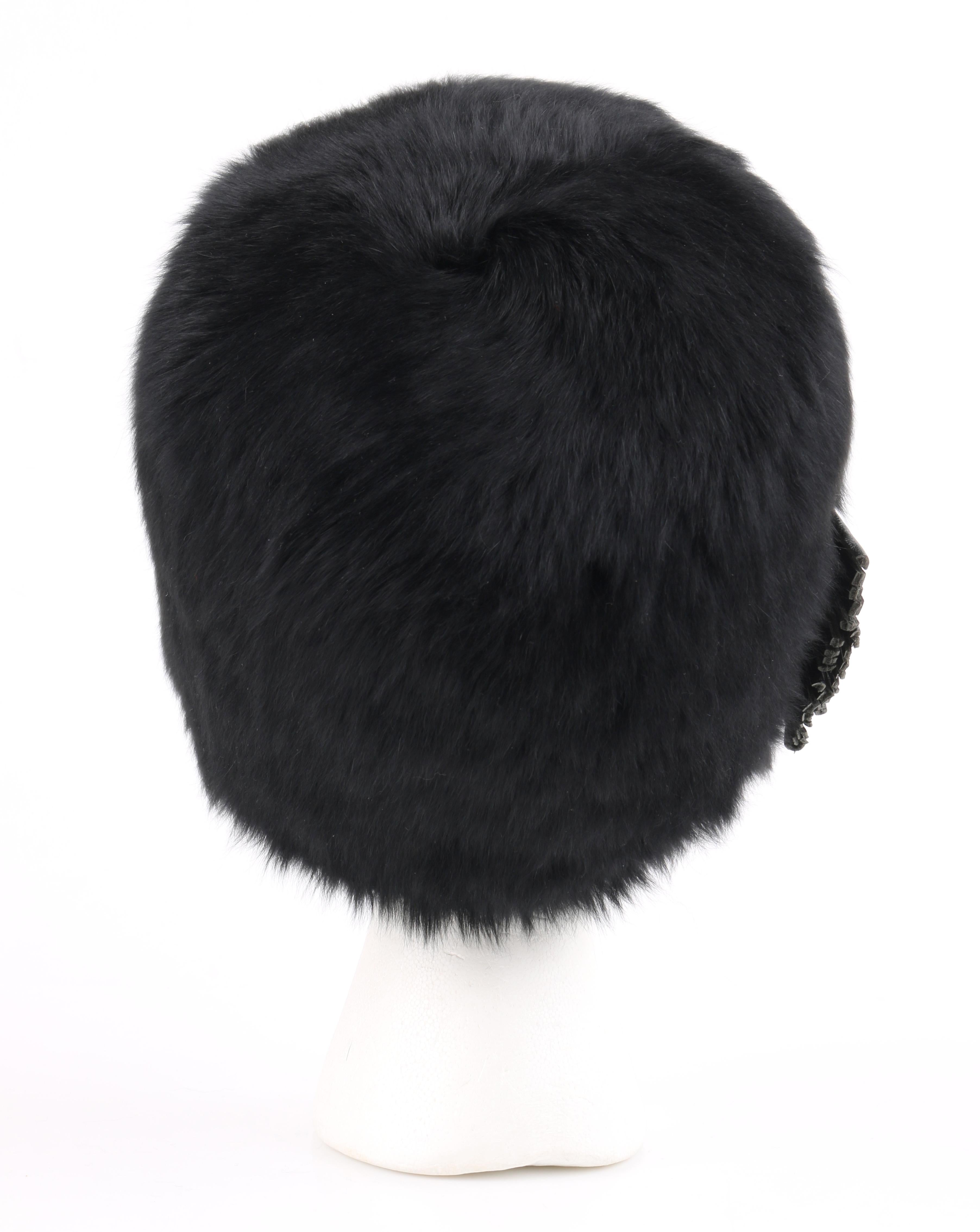 YVES SAINT LAURENT c.1960's YSL Black Angora Fur Leather Bow Cossack Hat 1