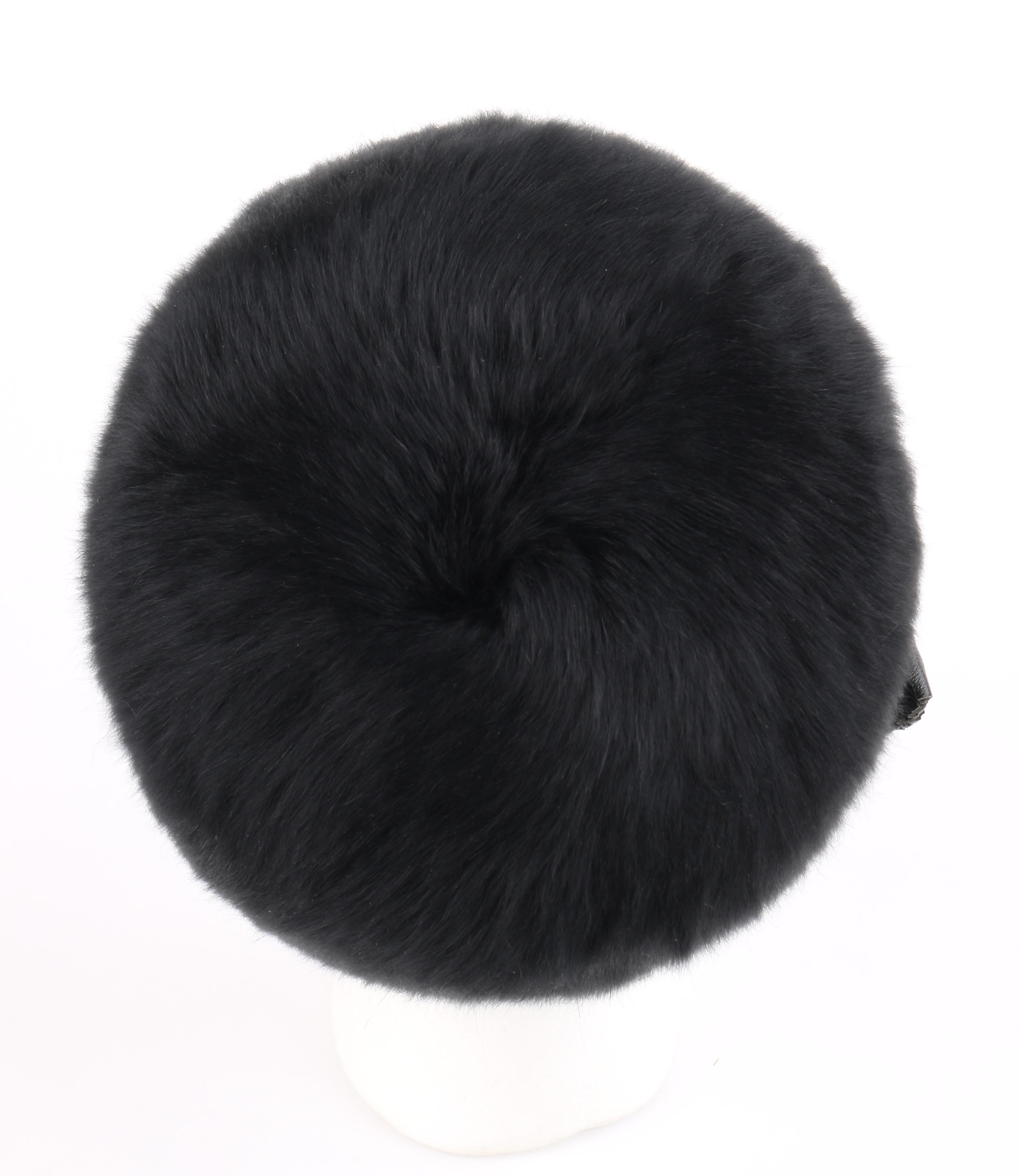 YVES SAINT LAURENT c.1960's YSL Black Angora Fur Leather Bow Cossack Hat 2
