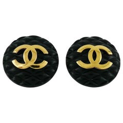 Vintage Chanel Black Diamond Quilt and Gold CC Logo Button Earrings 1991
