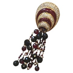 Valentino Art Deco Burgundy Crystal, Enamel & Rhinestone Dome Tassel PIn