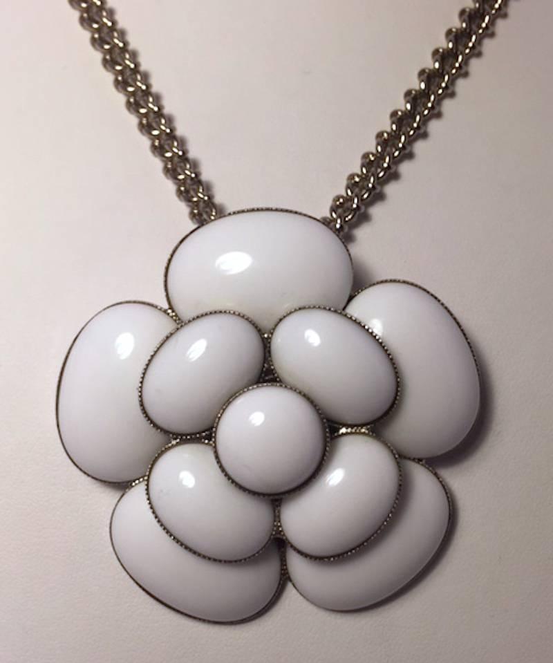 Chanel Gripoix Glass Camellia Silver Pendant Necklace 2