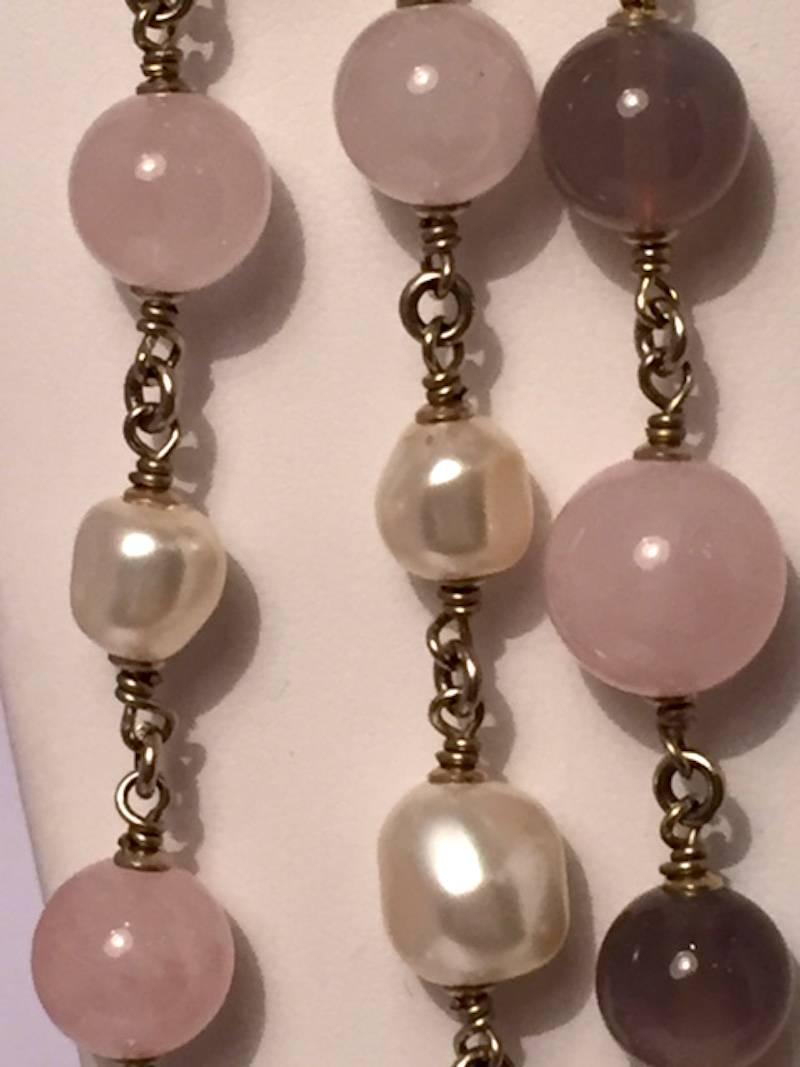 Chanel Three Strand Pearl, Rose Quartz and Agate Bead Necklace 1