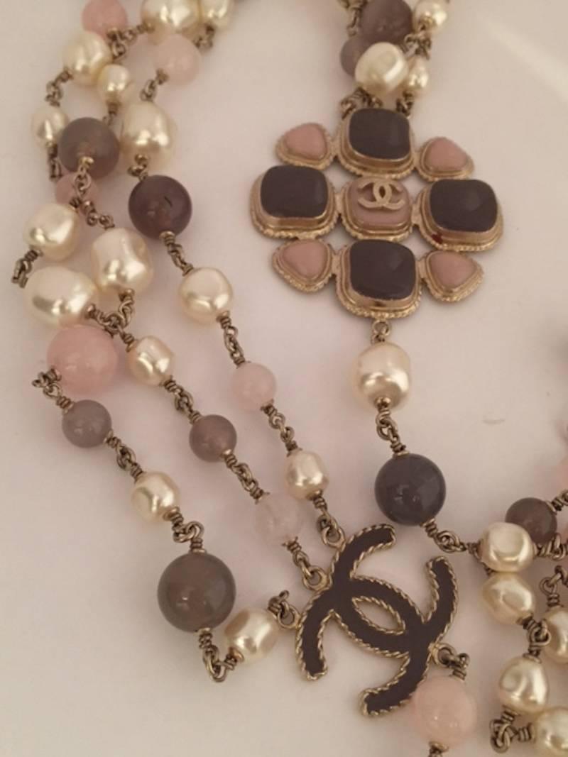 Chanel Three Strand Pearl, Rose Quartz and Agate Bead Necklace 3