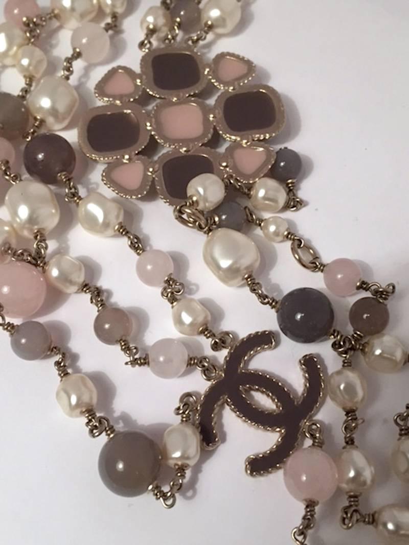 Chanel Three Strand Pearl, Rose Quartz and Agate Bead Necklace 5