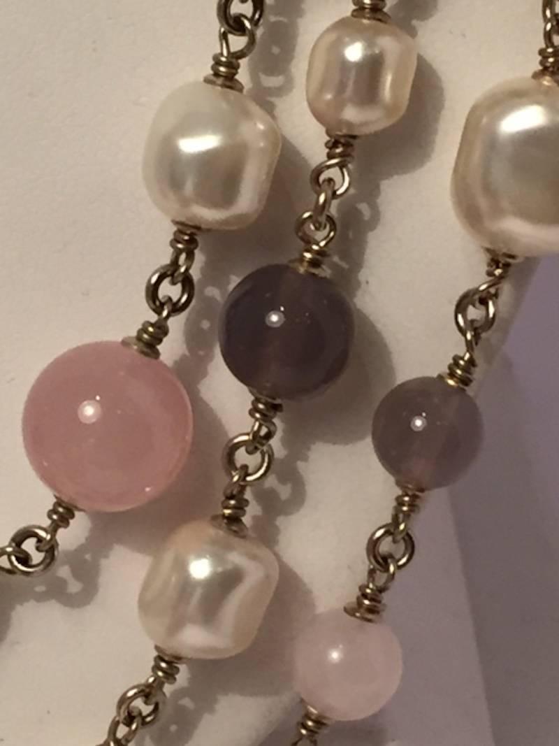 Chanel Three Strand Pearl, Rose Quartz and Agate Bead Necklace 2