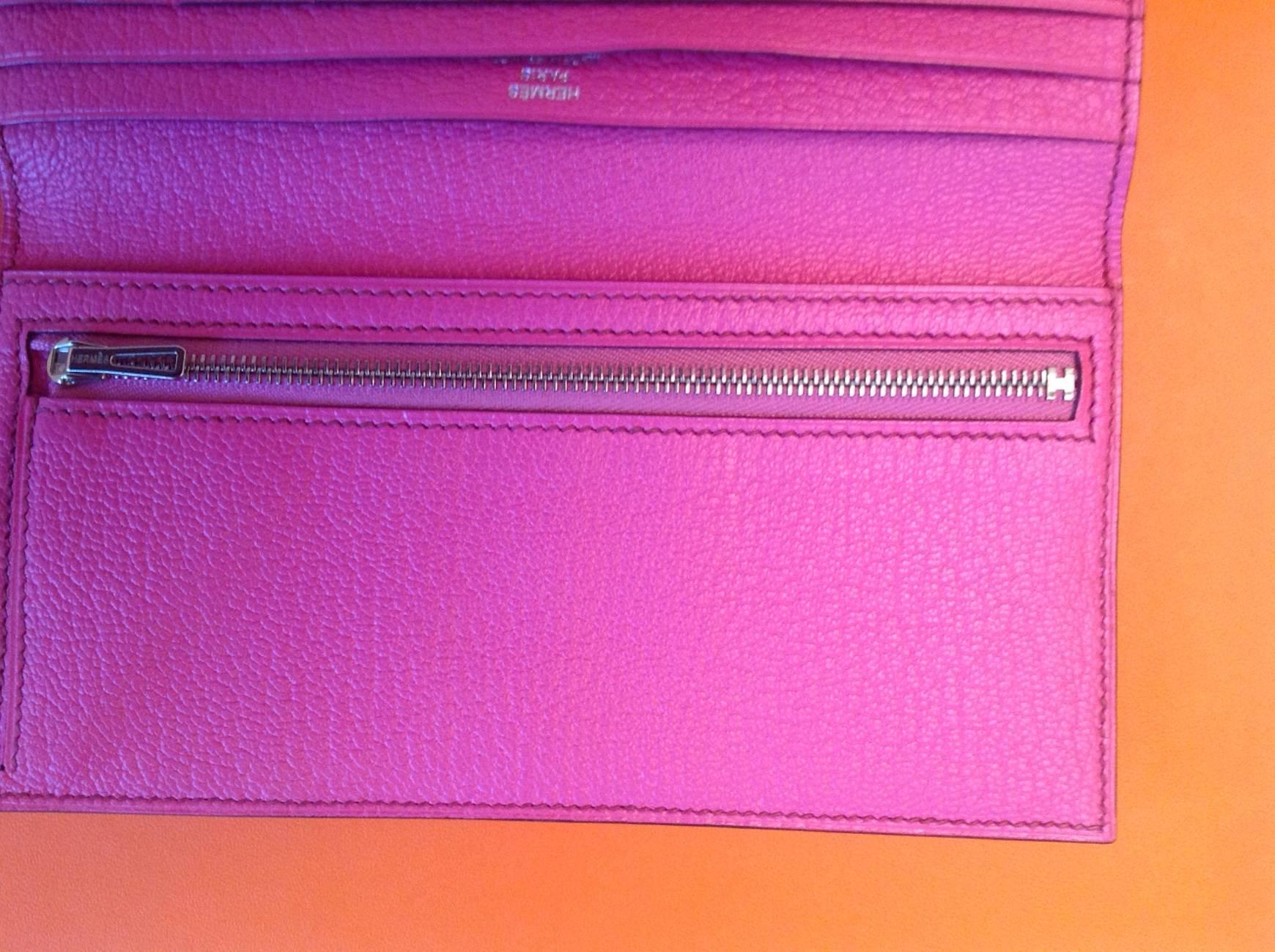 Pink Hermes Bearn Wallet  in Ostrich Fucsia Colour