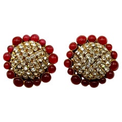Chanel Large Gold, Rhinestone Dome & Red Gripoix Button Earrings, 1989