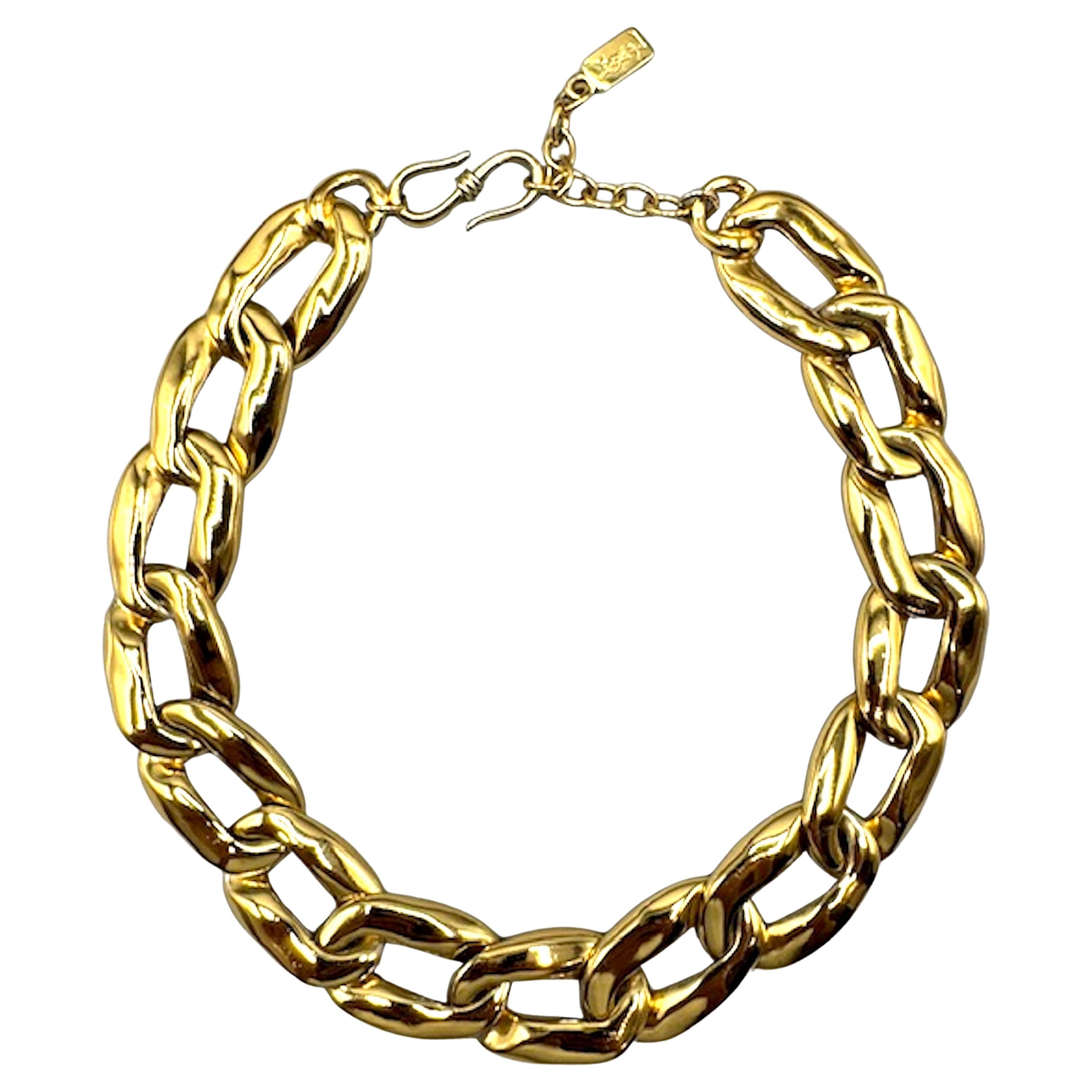Yves Saint Laurent anni '80 - Collana a maglie larghe in oro e strass in vendita