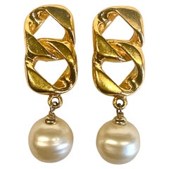 Chanel Autumn 1993 Gold Curb Link & Large Pearl Dangle Earrings