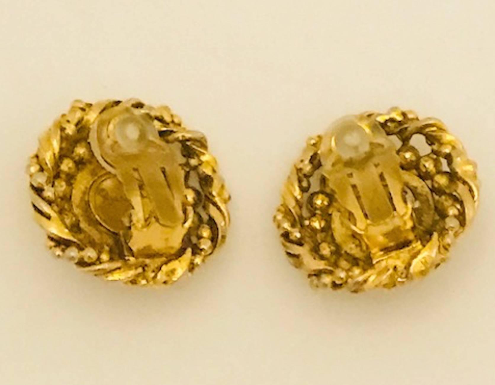Chanel 1970s Gold with Rhinestone Button Earrings 1