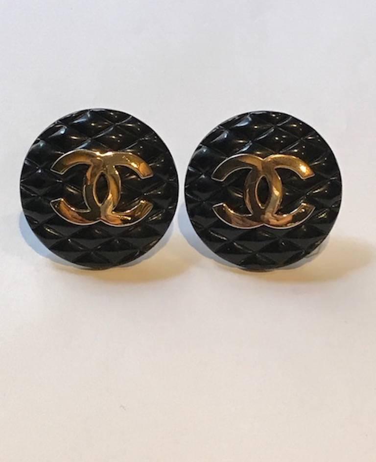 Women's Chanel Black Diamond Quilt and Gold CC Logo Button Earrings 1991