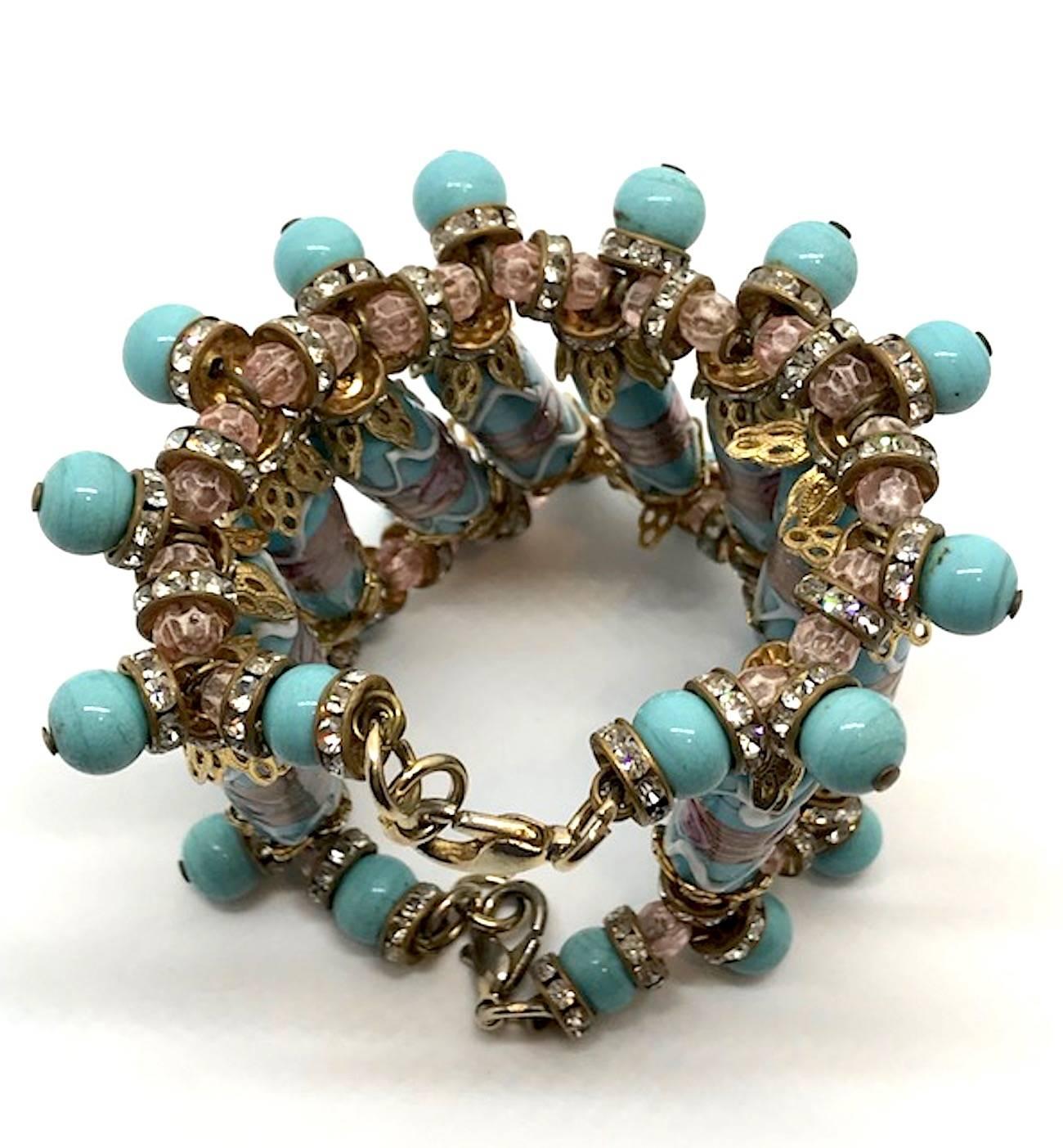 Impressive Italian Venetian glass bead and rhinestone rondelle bracelet. Hand made turquoise and iridescent copper color glass with rose central design on the long tube beads capped by gold filigree ends. Turquoise glass bead dangle surround the top