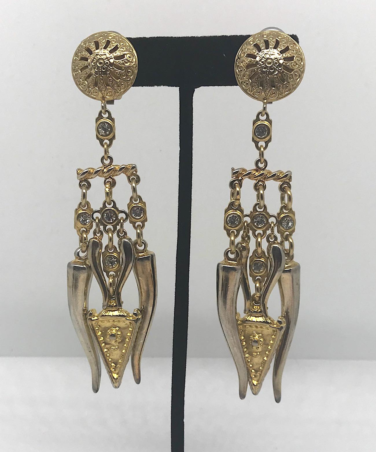 Gold with rhinestone accent long Etruscan style earrings by Italian designer Carlo Zini  Worn and part of the collection of Italian actress Elsa Martinelli. Gold plate with two large and two small cornicello or Italian horns of good luck. Each