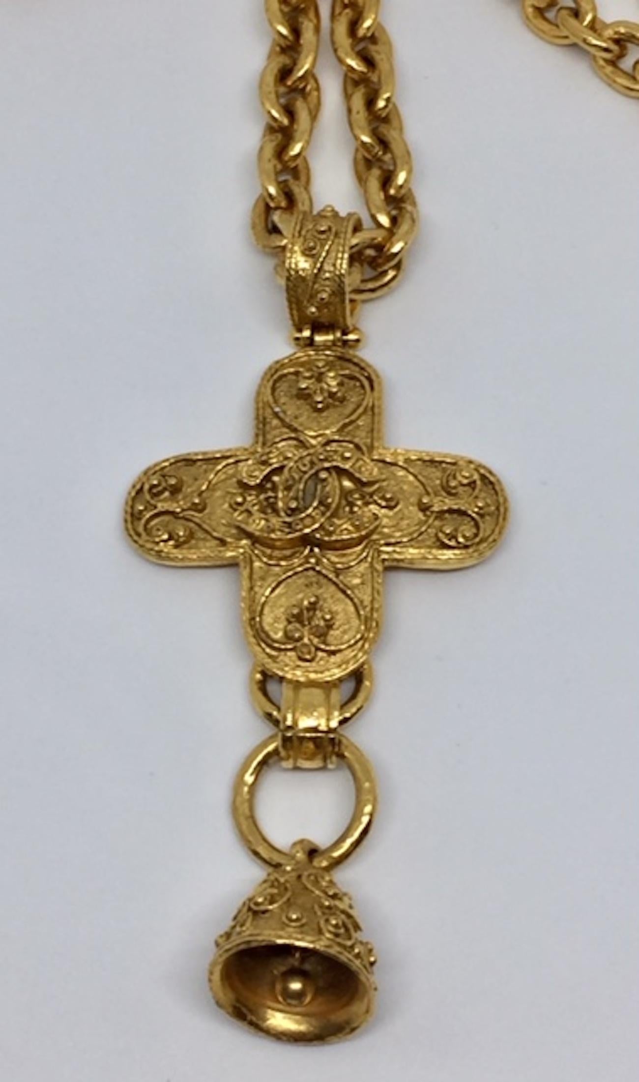 Chanel Byzantine inspired necklace of a cross with bell pendant from the Autumn 1994 collection. The pendant is 2