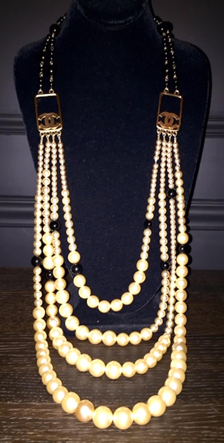 Chanel Graduated 4 Strand Pearl and Black Bead Necklace, Spring 2003