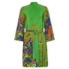 1960s Floral Print Green Dress With Button Detail