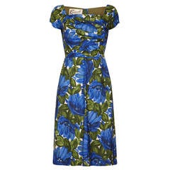 1950s Rembrandt Green & Blue Silk Wiggle Dress