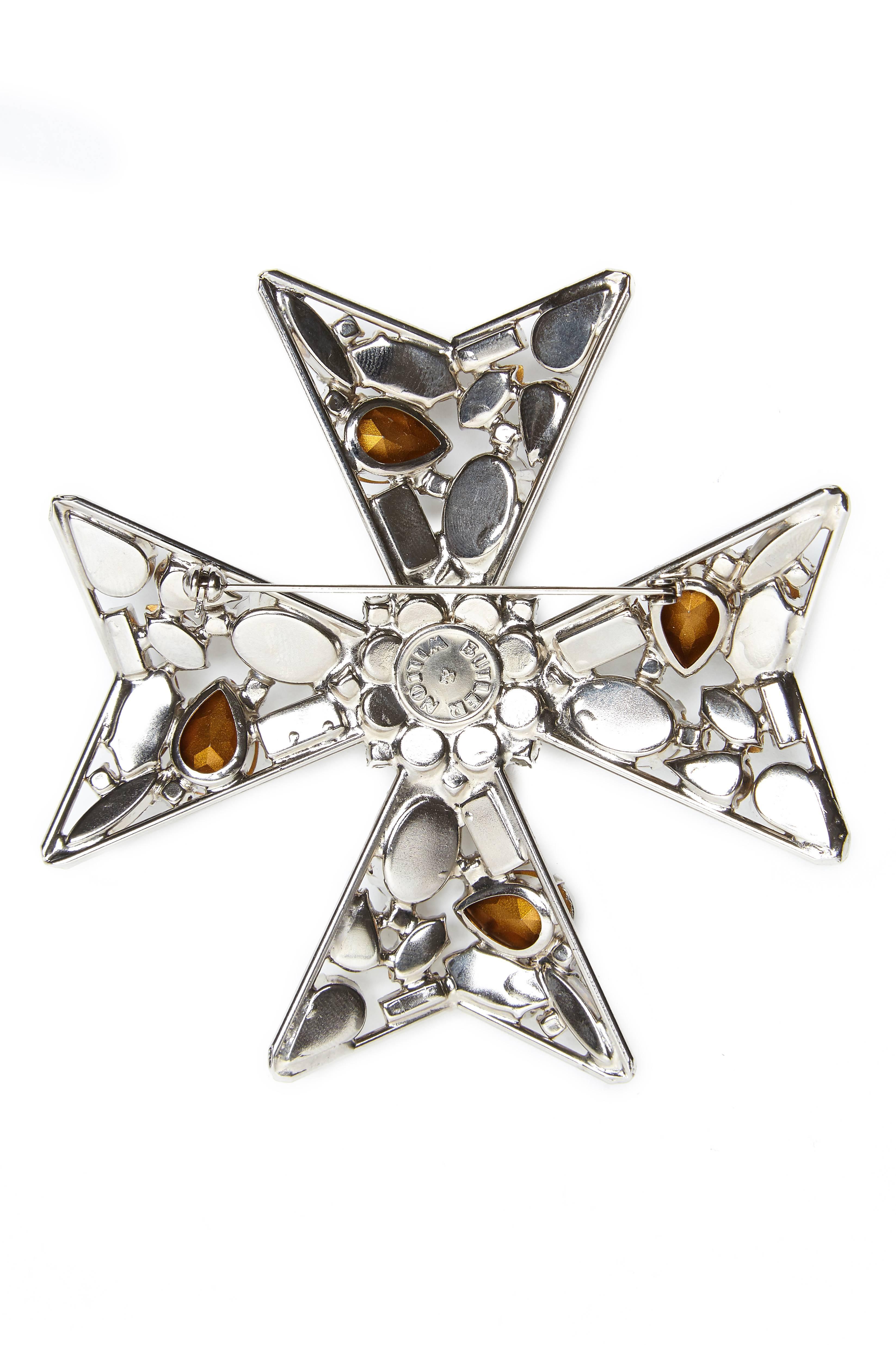 1980s Butler and Wilson giant Swarovski diamond maltese cross brooch.  This is an original, collectable and early design that is entirely prong set with a variety of classic diamond shaped stones and has a thick silver-tone plating.  This