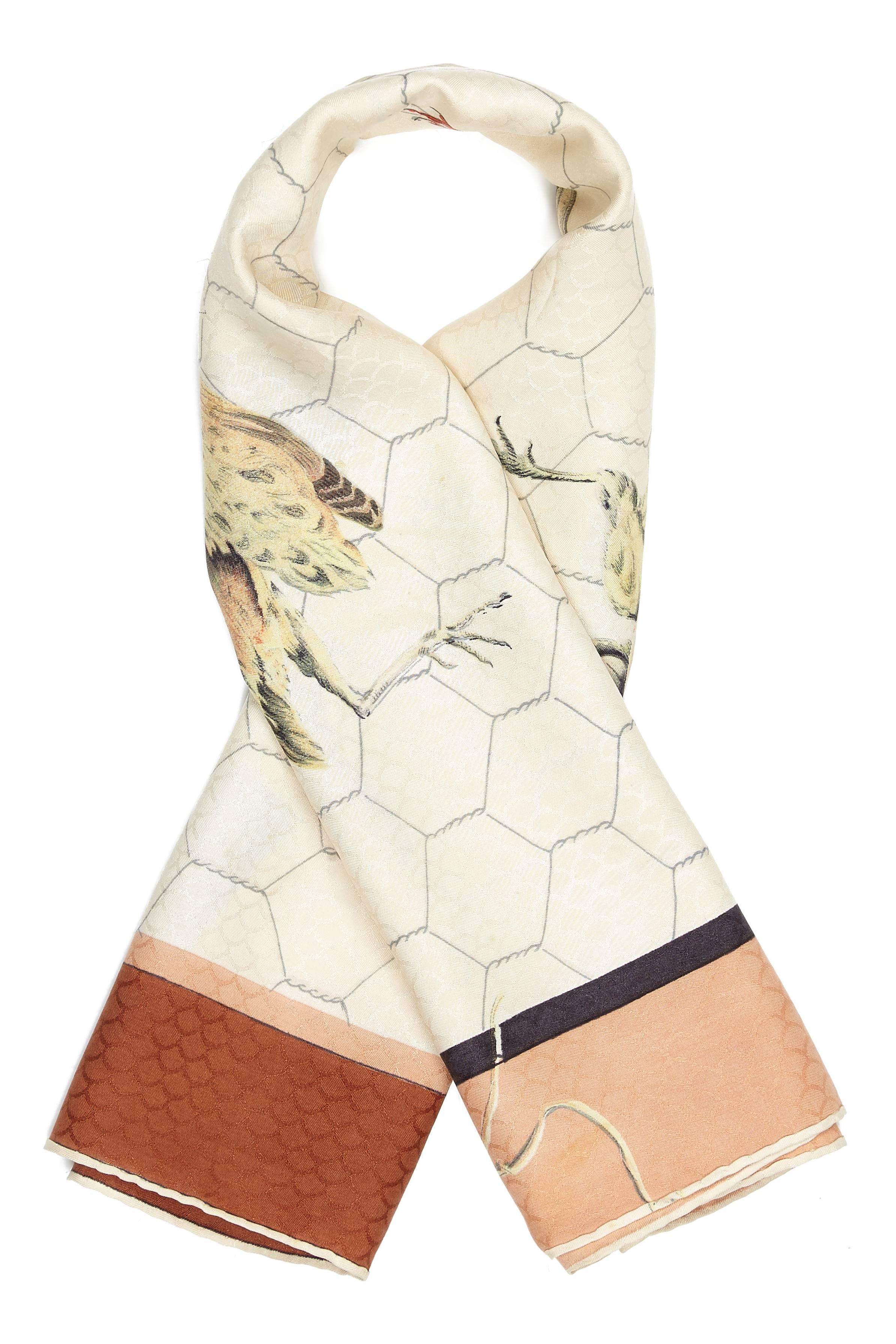 Tableau de Chasse vintage Hermes silk twill scarf designed by Henri de Linares literally translated as 'Hunting Table' and features a bird design in white, terracotta and grey. This scarf was first issued in 1950 and only re issued once in 1964.  We