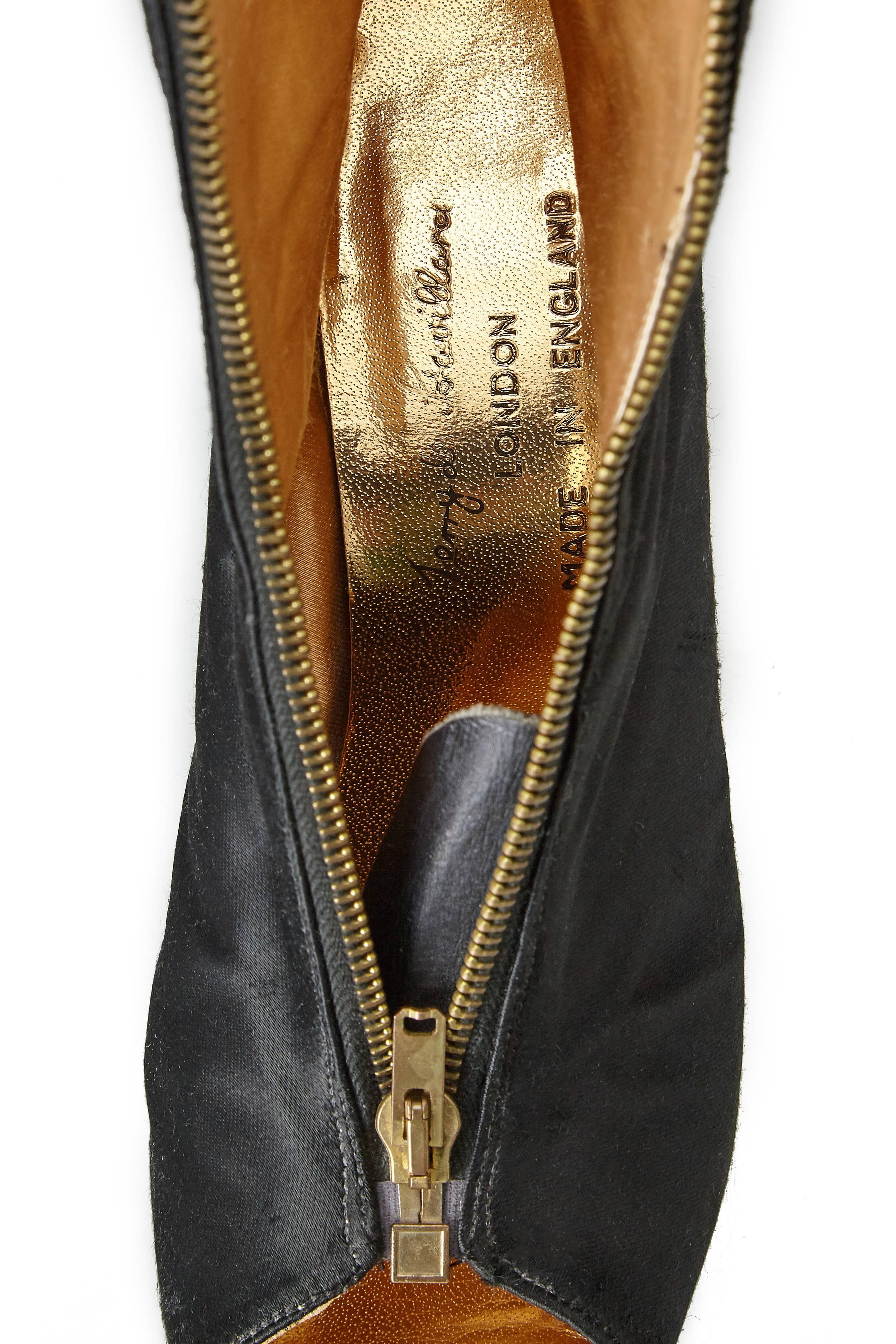 Black Original 1970s Terry de Havilland Satin Peep Toe Boots Size US 8.5 IT 39.5