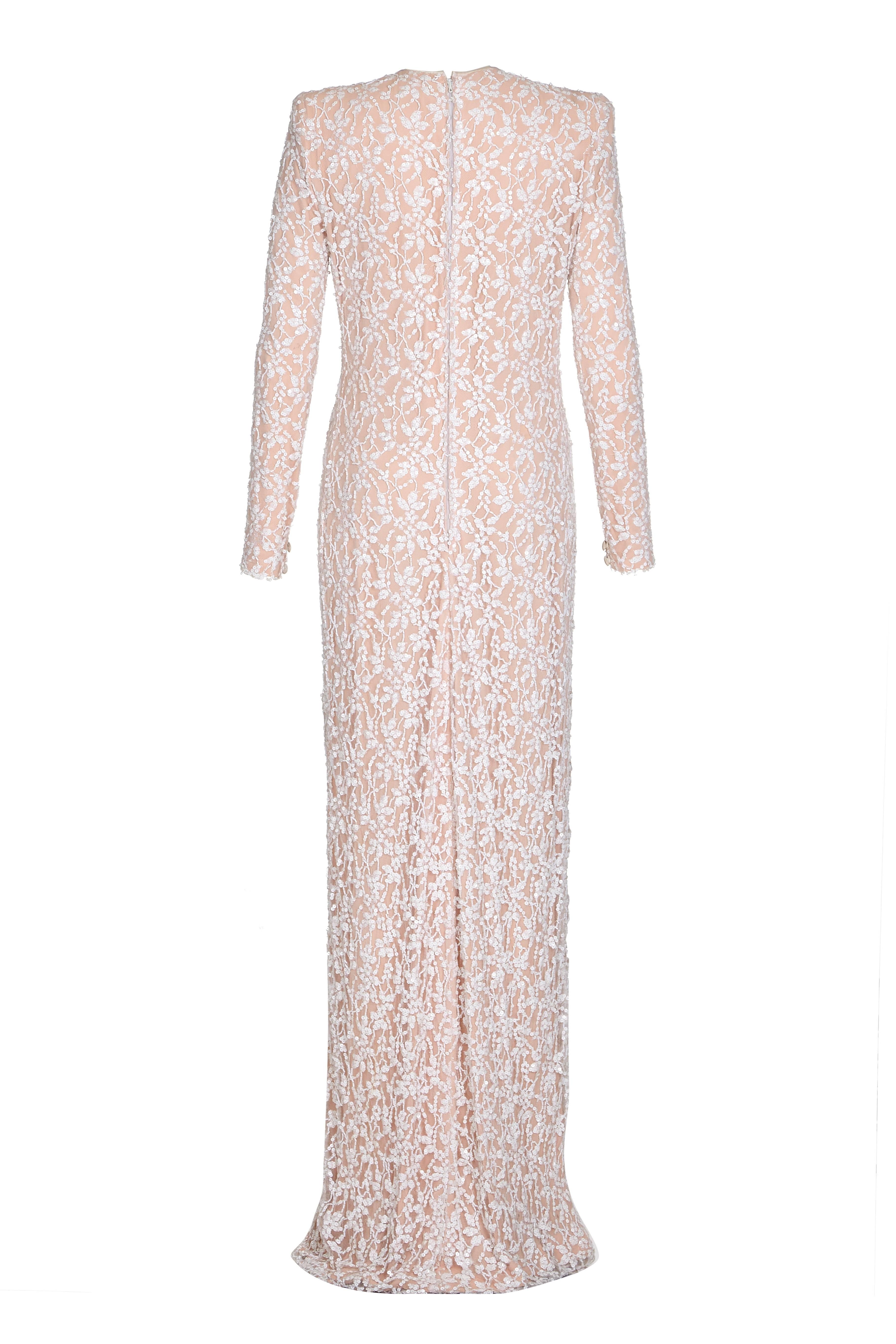 Late 1970s Andre Laug couture labelled peachy pink & white sequinned net gown.  Impeccably made by hand, the underlay is a heavy-weight silk crepe overlaid with a fully sequinned and beaded white net.  Although offering full coverage, the design is