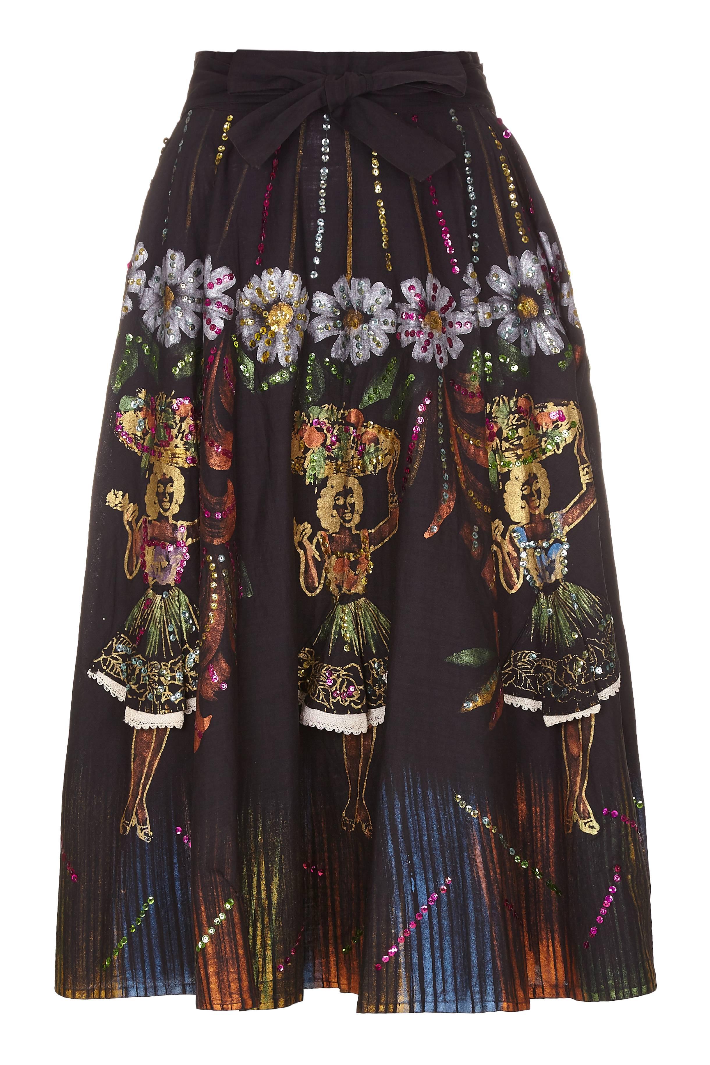 Phenomenal 1950s authentic Mexican full circle skirt with fabulous hand painted Carmen Miranda inspired dancing girls with flowers and fruit in multicoloured metallics and sequins.  Every girl has their own a 3D Mexican skirt which lifts up to