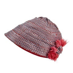 Original 1920's Flapper Cloche Hat With Metal Raffia Weave And Feather Trim