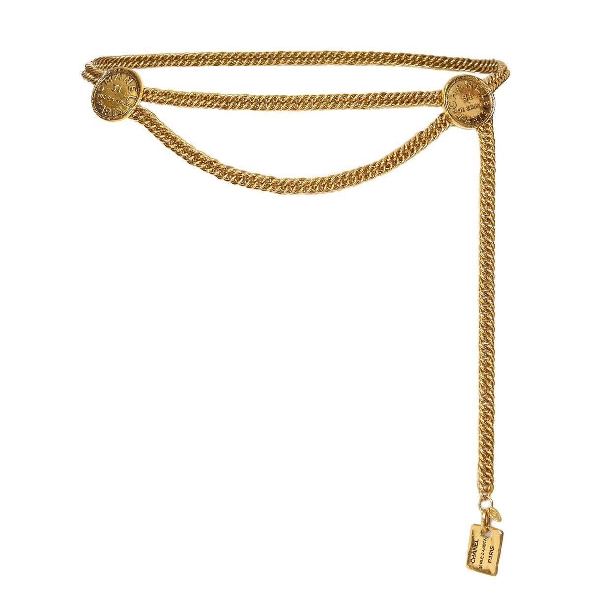 Chanel 1980s 31 Rue Cambon Gold Chain Belt with Embossed Medallions & Dog-tag