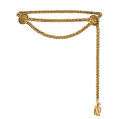 Chanel 1980s 31 Rue Cambon Gold Chain Belt with Embossed Medallions & Dog-tag