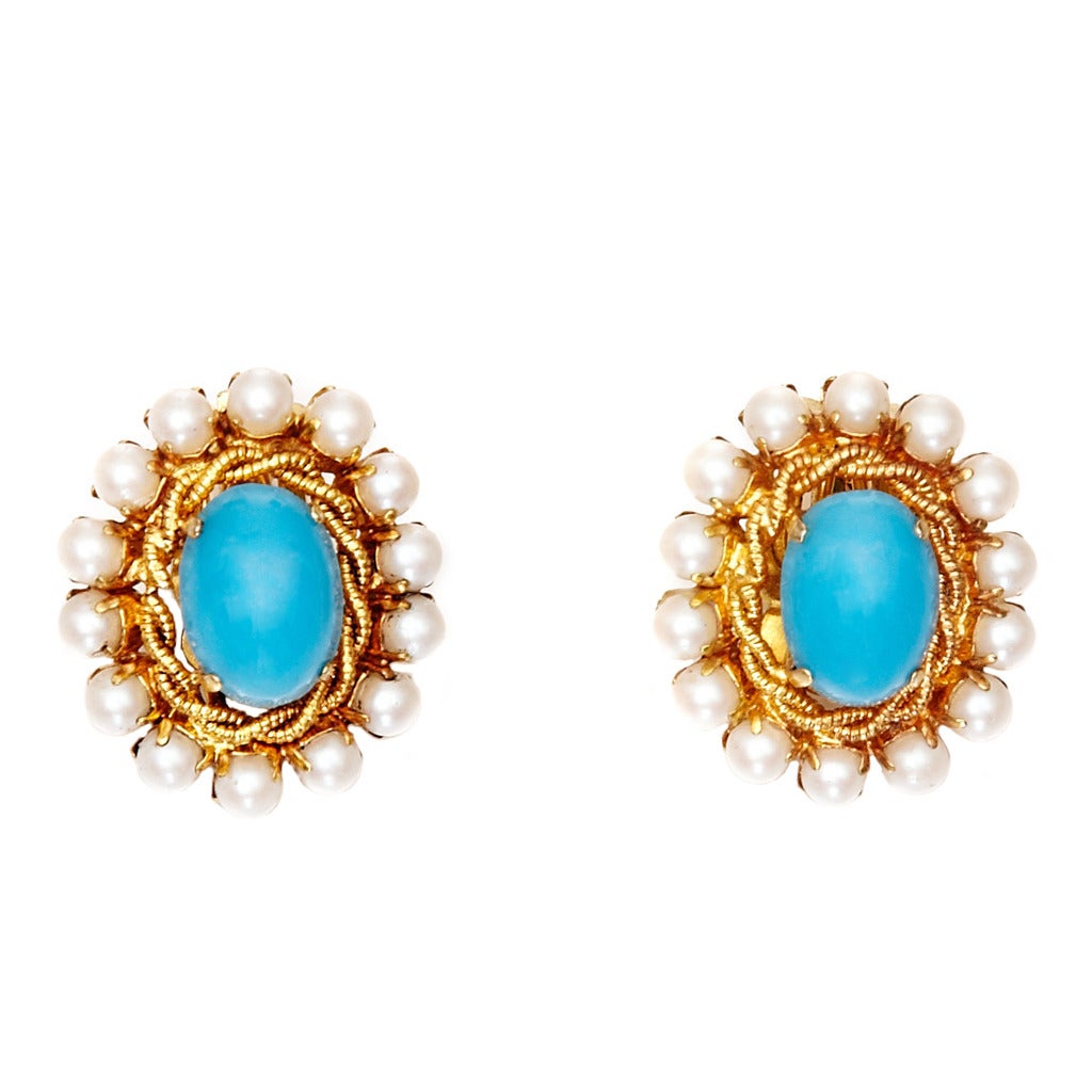 1960s Christian Dior Gold, Turquoise and Pearl Earrings