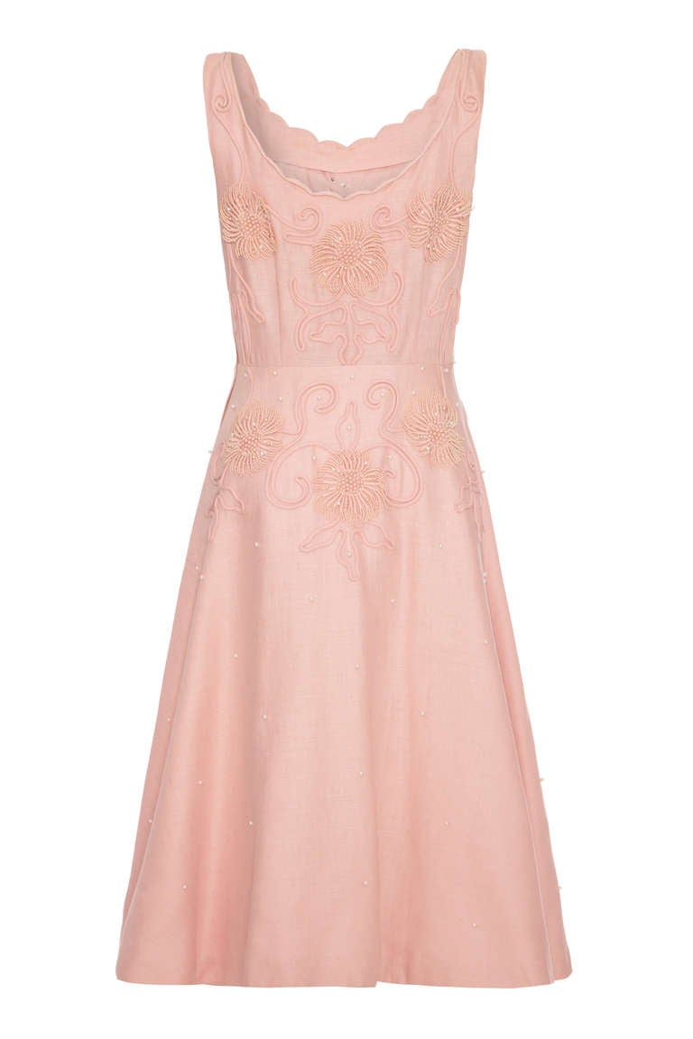 1950’s Pink Linen Dress with Applique and Pearls at 1stdibs